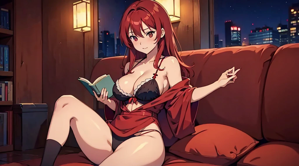 sexy red hair Anime girl sitting and studying, with a little glimpse of her legs. big breasts cleavage, night outside
