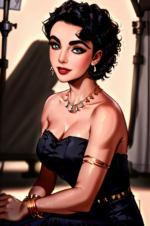A realistic full portrait image of young actress Elizabeth Taylor with black hairstyle, beautiful, (perfect silicon boot sexy muscular hardbody))), ((Perfekte Augen)), (Augen-Make-up:1.1), Lippenstift, Blick auf den Betrachter, detailliertes Gesicht, smil, (Hochdetaillierter Skin:1.1), Perfect Body, (wears a gold necklace and earrings), ((wearing a classic black strapless dress by Chanel)), ModelShoot-Stil, Professionelle Fotografie, Dramatische Beleuchtung, fotorealistisch, ((Stehen in einem dunklen Studiohintergrund)), verschwommener Hintergrund, .RAW, Analoger Stil, Scharfer Fokus, 8K, high resolution, DSLR, High quality, Fujifilm XT3, Filmkorn, awards winning, Meisterwerk,