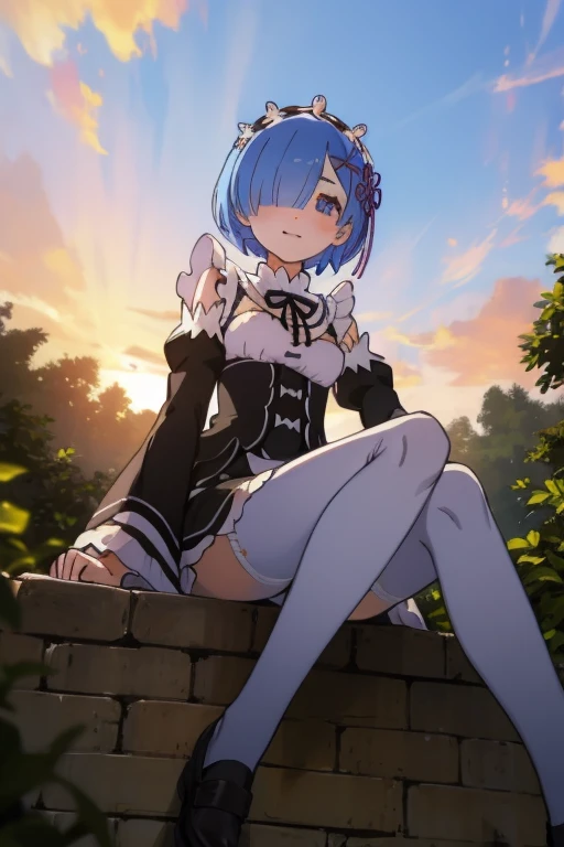 masterpiece, best quality, highres, ram1, 1girl, solo, rem \(re:zero\), blue hair, short hair, red eyes, round glasses, hair over one eye, collar, naughty expression, ribbon trim, hair ribbon, x hair ornament, frills, white crop top, short crop open jacket, see trough, nipples , wet tank top, white panties, see trough panties, cameltoe, wet pussy, tranparent panties, wet panties, pissing, cameltoe, small breasts, cleavage, sweating, cum over the body, hair flower, outdoors, sexy pose, sensual, nsfw, naughty smile, perfect background, perfect light