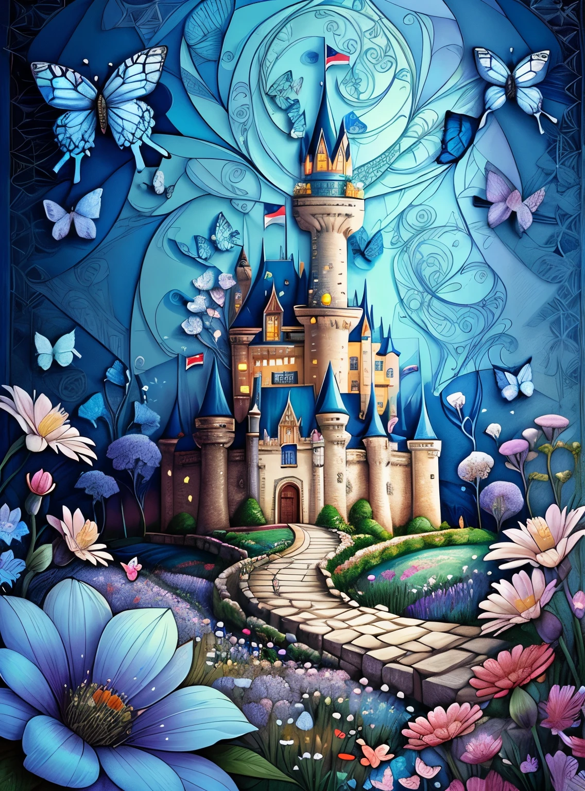 (cute castle with flowers and butterflies), Munchkin ,Geometric multidimensional wall portrait, livro de arte, Tchibi,
Yang08k, Beautiful, Colouring,
Obras, of the highest quality, best quality, Arte Oficial, Beautiful and Aesthetic,