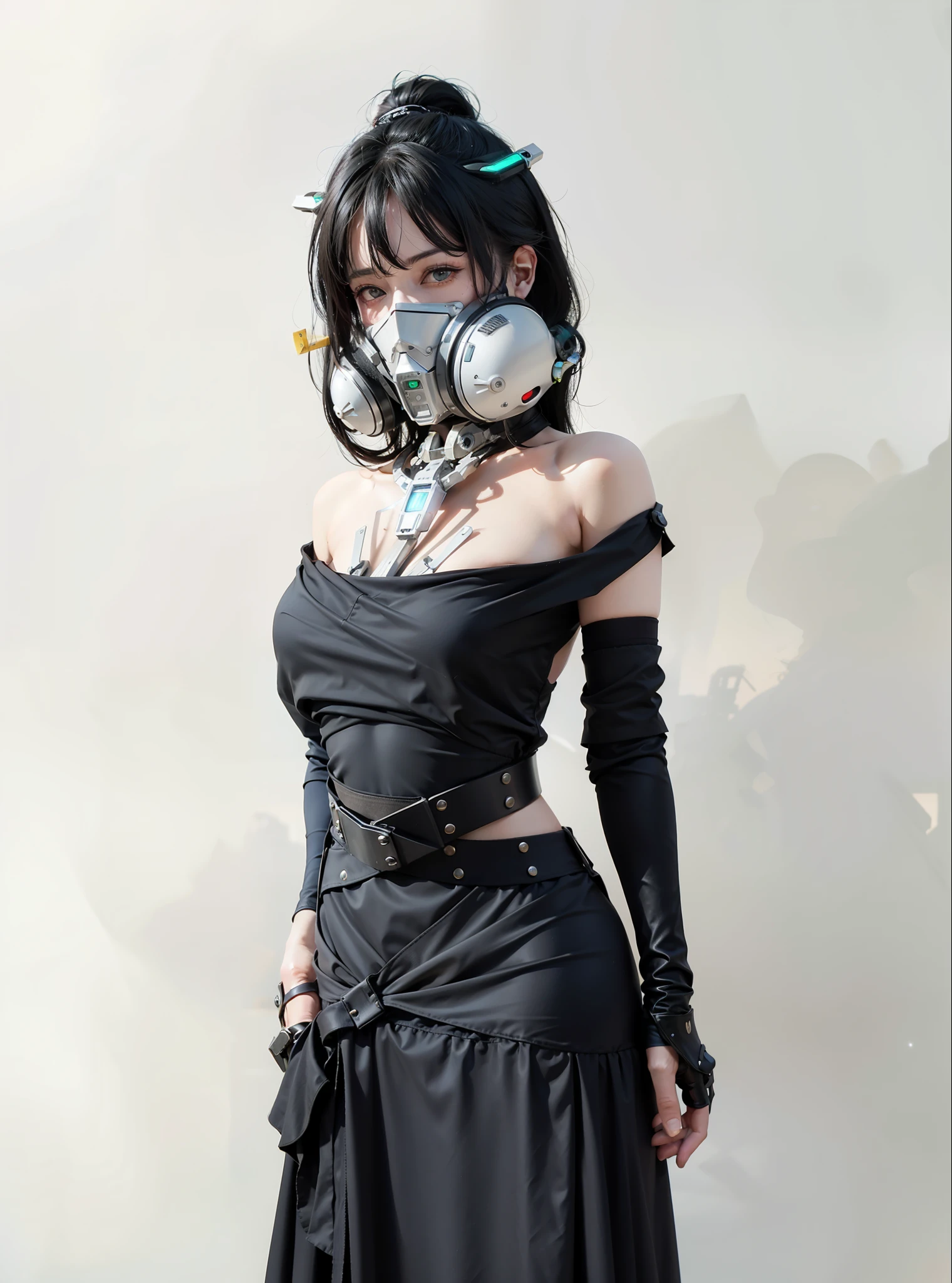 Fantasy cyberpunk world,1 Mechanical Miracle,Robots defend world order;Samurai mechanical armor,Equip transparent weapons,Streamlined black and red design,wearing in black cloak,A big part of a 1-person robot,Art of the highest quality,8K ultra-high resolution,动态照明,cinematic splendor,vibrant with colors,Wearing a cyberpunk space helmet,Luminous mechanical protective mask,Future high-tech tactical helmet,Steel Mechanical Armor