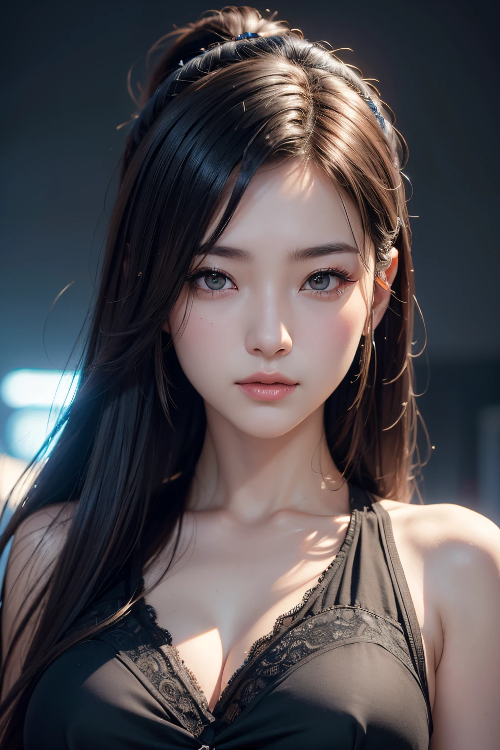 ​masterpiece, 1 beautiful girls, detaileds, Swollen eyes, top-quality, 超A high resolution, (现实: 1.4), OriginalPhotographs, 1girl in, 电影灯光, (A smile,:0.5) japanes, Asian Beauty, Korean, Proper, very extremely beautiful, Slightly younger face, Beautiful skins, slender, cyberpunk backgrouns, (A hyper-realistic), (illustratio), (hight resolution), (8K), (ighly detailed), (Beautifully detailed eyes with the best illustrations), (ultra-detailliert), (wall-), (详细的脸), looking at the viewers, fine detailed, A detailed face、deep-shadows、Unobtrusive、pureerosfaceace_v1、Score 46 points with a diagonal straight.　garconne look Maid,、Black colored eyes、