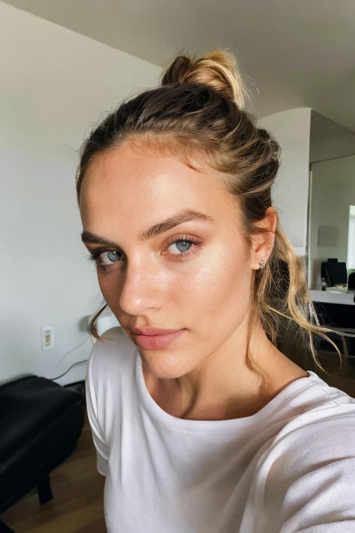 ((best quality)), ((masterpiece)), (detailed), 24 year old girl,  dark blonde hair, messy hair bun, very defined cheekbones, narrow face,Downward lighting, night-time, nuit,  sun-tanned, lean face, seductive look, promiscuous eyes, positive canthal tilt, selfie, lip biting, downward camera angle, deep blue eyes, sitting in a gaming chair, white T-shirt, perky breasts, indoors, bedroom, gothic art interior decoration, red fuzzy carpet, slim figure, no makeup, 1920x1080 resolution, photorealistic, detailed pores, beauty mark on philtrum, yoga pants, yellow hue, slight smile, gamer-girl room, early 2000s photo style