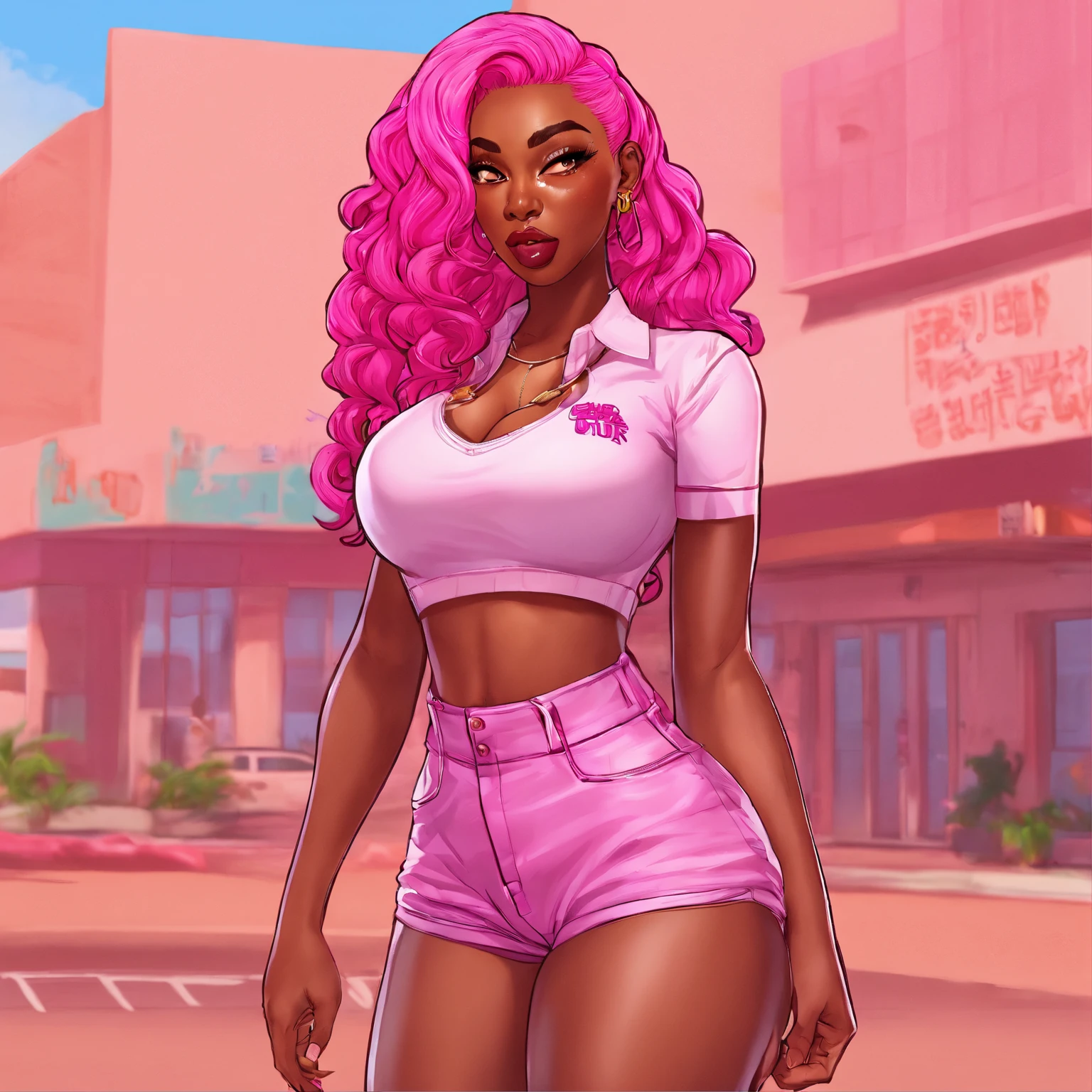 Sexy skinny ebony skinned female, wearing school girl outfit, busty, thicc thighs, has long pink hair, perfect pink iris, perfect face, masterpiece, solo, alone, (SOLO)(ALONE) showing belly, out in public
