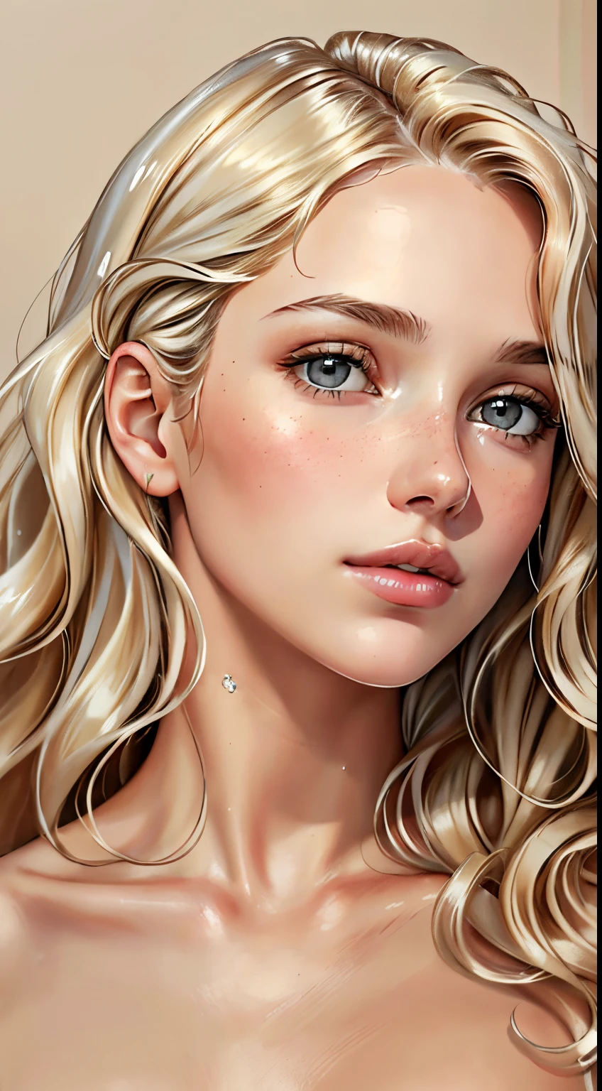 (high quality,portrait,painting),(soft skin,smooth complexion),detailed eyes fine texture,dewy lips,(natural lighting,soft light),subtle blush,sublime expression,wavy hair,neutral backdrop,subtle colors,delicate brushstrokes, beautiful, woman, blonde hair, long curly hair, grey eyes