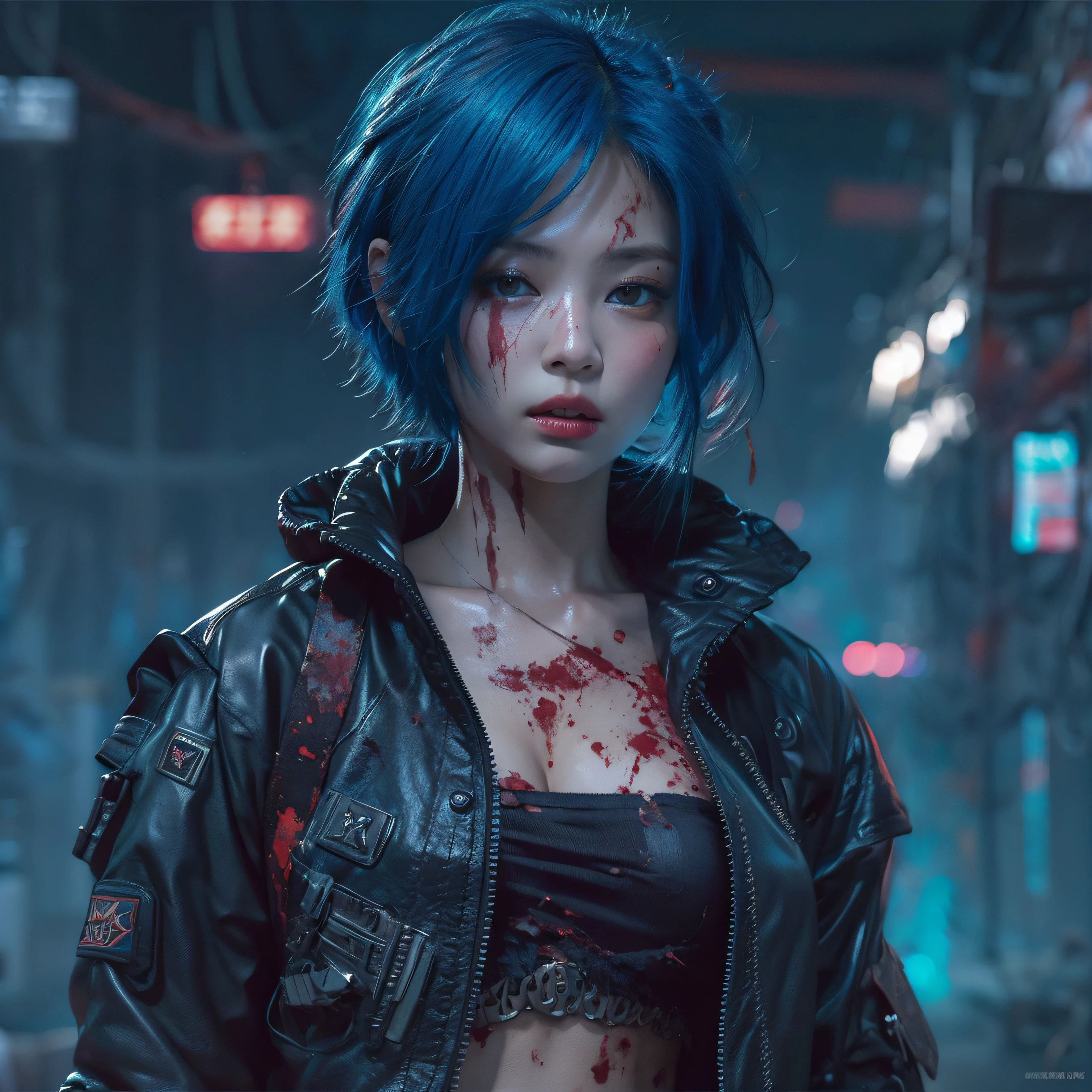 bright eyes,  super detailed, black short hair, blood and wounds, stab wounds on body, dirty clothes, Jennie Kim, 30 yrs old girl, cyberpunk suit, blue hair,