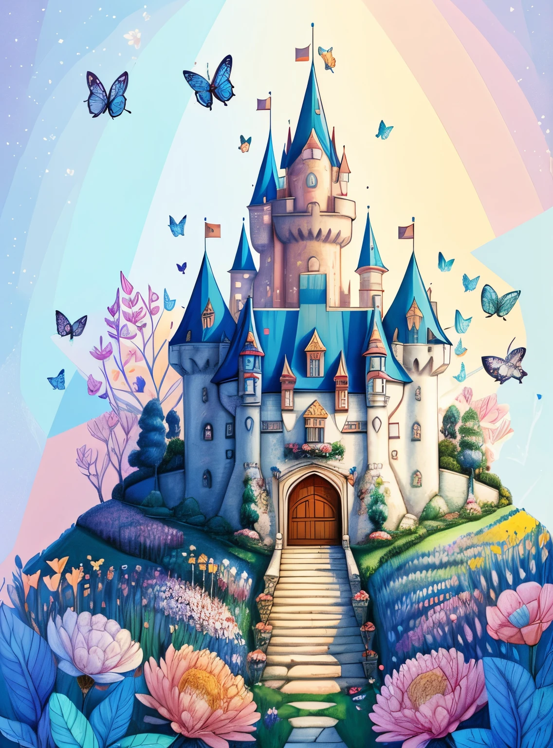 (cute castle with flowers and butterflies), Munchkin ,Geometric multidimensional wall portrait, livro de arte, Tchibi,
Yang08k, Beautiful, Colouring,
Obras, of the highest quality, best quality, Arte Oficial, Beautiful and Aesthetic,
