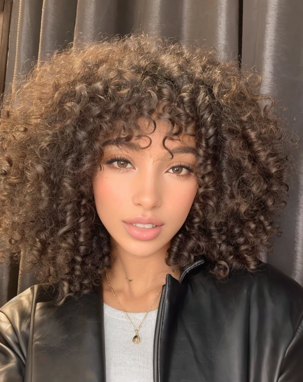 mulher arafa com cabelos cacheados vestindo uma jaqueta de couro preta, franja encaracolado, afro encaracolado, Banho turco de Imaan, curly middle part haircut, franja de cortina, franja fofa, seu rosto emoldurado com cachos, Ashteroth, cabelos cacheados, com cabelo e pele texturizados, Retrato Sophie Mudd, (cabelos cacheados escuros e curtos), com afro, curly hair, cabelos castanhos cacheados