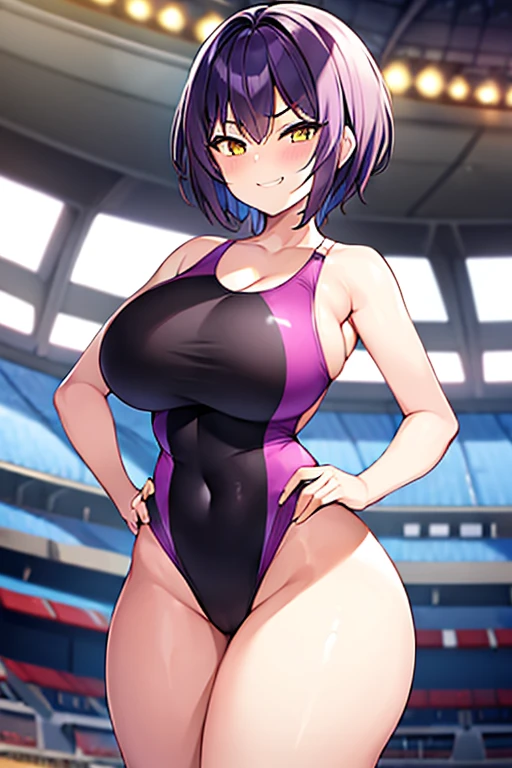 1girl, large breasts, breasts, wide hips, thick thighs, purple hair, short hair, very short hair, yellow eyes, one-piece swimsuit, black one-piece swimsuit, competition swimsuit, smug, smirk, smile, stadium, audience