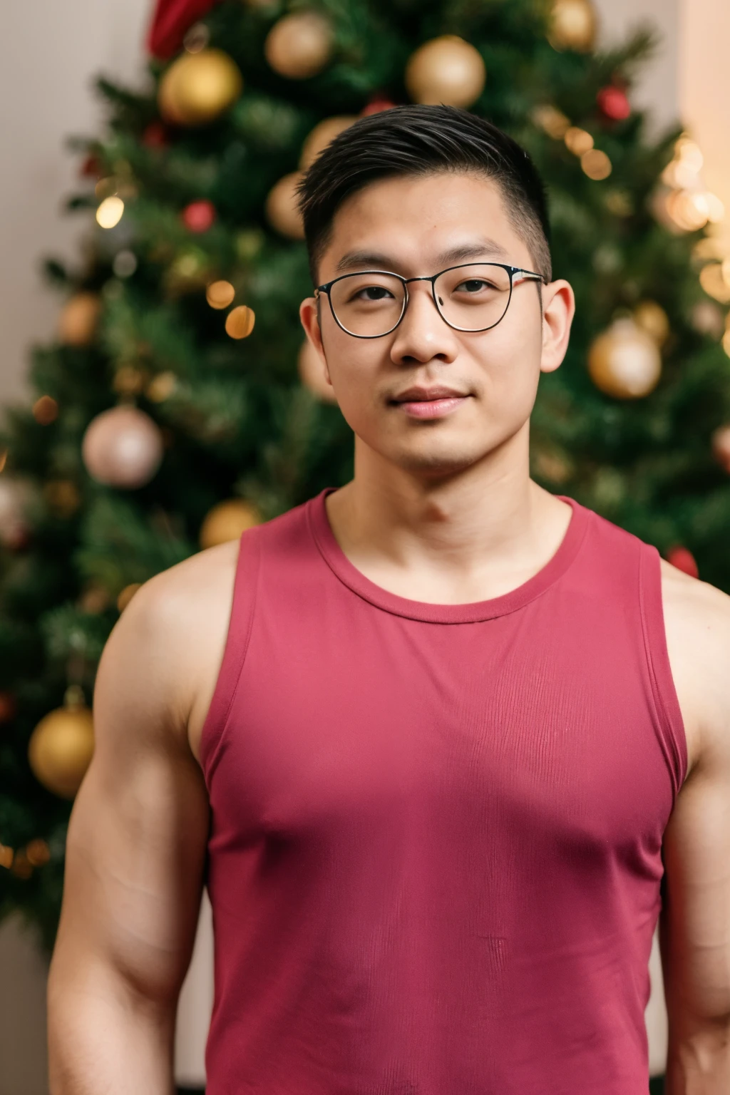 Andrew thomas huang, oval face, eyeglasses, neat muscular, L size pink sleeveless shirt, christmas tree background, bokeh