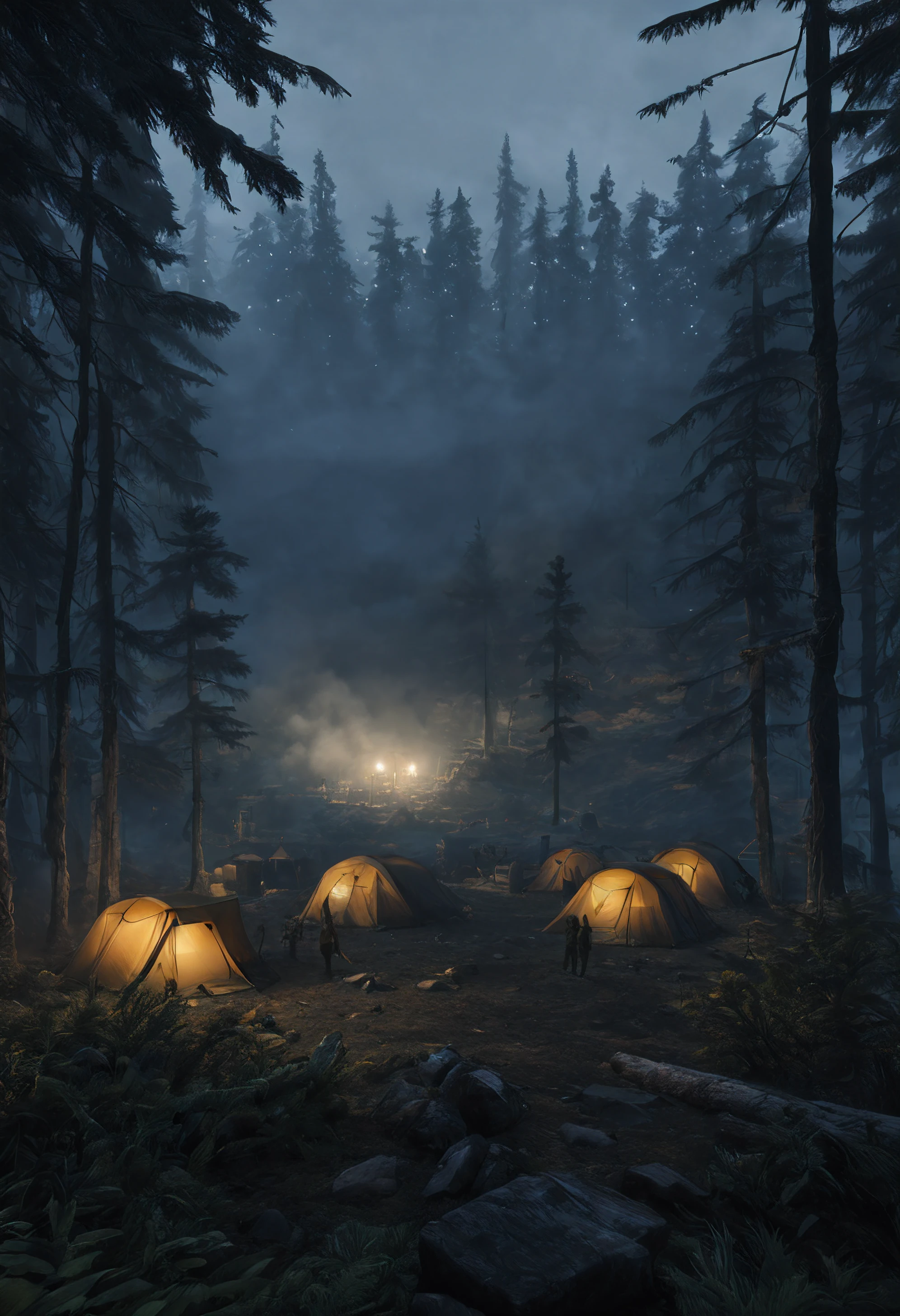 /imagine prompt: realistic, personality: [Capture a low aerial shot of a secretive forest base camp amidst the intense fog of the night. Show the camp completely shrouded in mist, with barely visible shadows of tents and silhouettes of commandos moving stealthily. Create a mysterious and ominous ambiance that sets the tone for the upcoming mission.]unreal engine, hyper real --q 2 --v 5.2 --ar 16:9