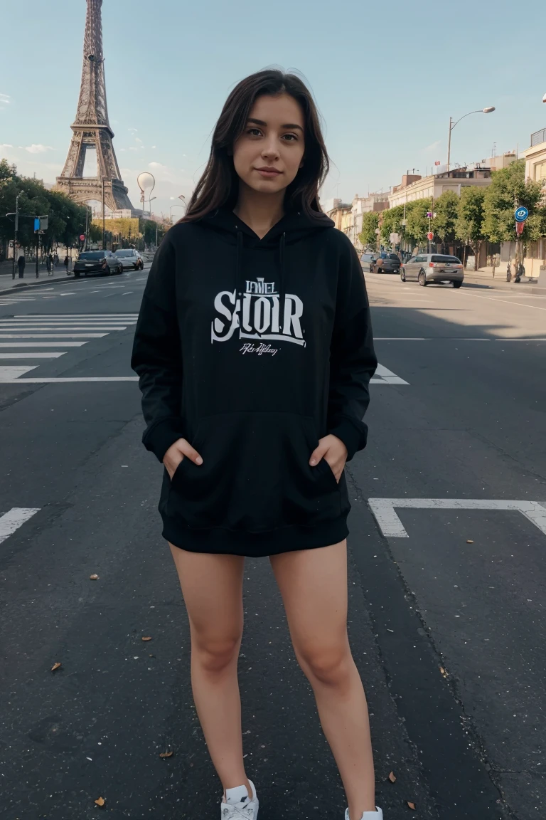 25 years old girl name Sara. Have beautiful eyes blue shade.  Wearing black hoodie. Standing in front of effiel tower. Full body image