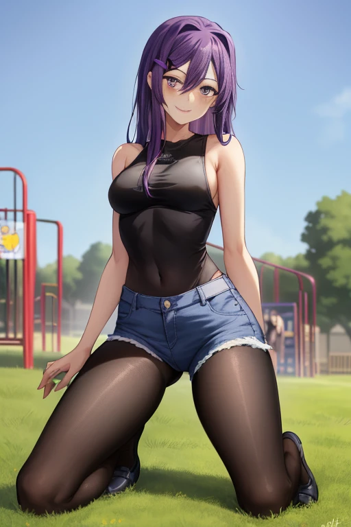 2d, masterpiece, ((kneeling)), playground background, best quality, full body, full pose, anime, highly detailed, cowboy shot, 1girl, solo, yuri, purple hair, purple eyes, long hair, hair between eyes, hairclip, medium breasts, underboob, ((black tank)), ((short jeans)), thights, hands, ((black converse shoes)), slim body, slim legs, bare legs, ((smile face)), blushing, red face, wet skin, ((black pantyhose)),((looking back))