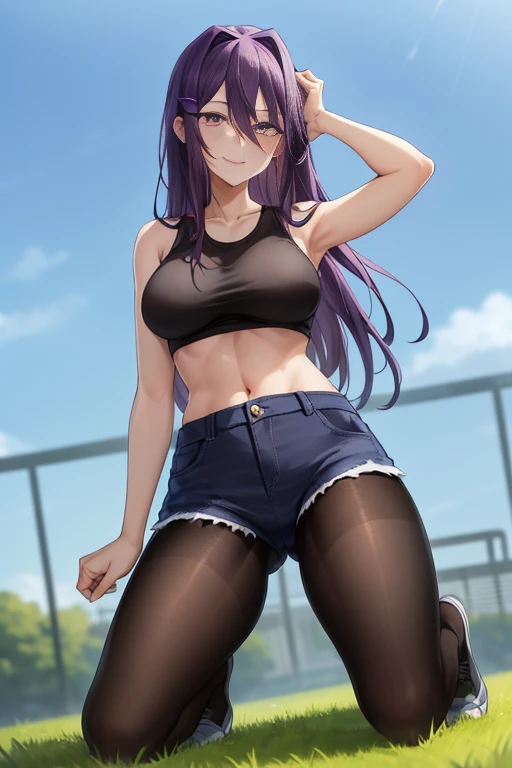 2d, masterpiece, ((kneeling)), playground background, best quality, full body, full pose, anime, highly detailed, cowboy shot, 1girl, solo, yuri, purple hair, purple eyes, long hair, hair between eyes, hairclip, medium breasts, underboob, (sky from below), ((black tank)), ((short jeans)), thights, handlack converse shoes)), slim body, slim legs, bare legs, ((smile face)), blushing, red face, wet skin, ((black pantyhose))