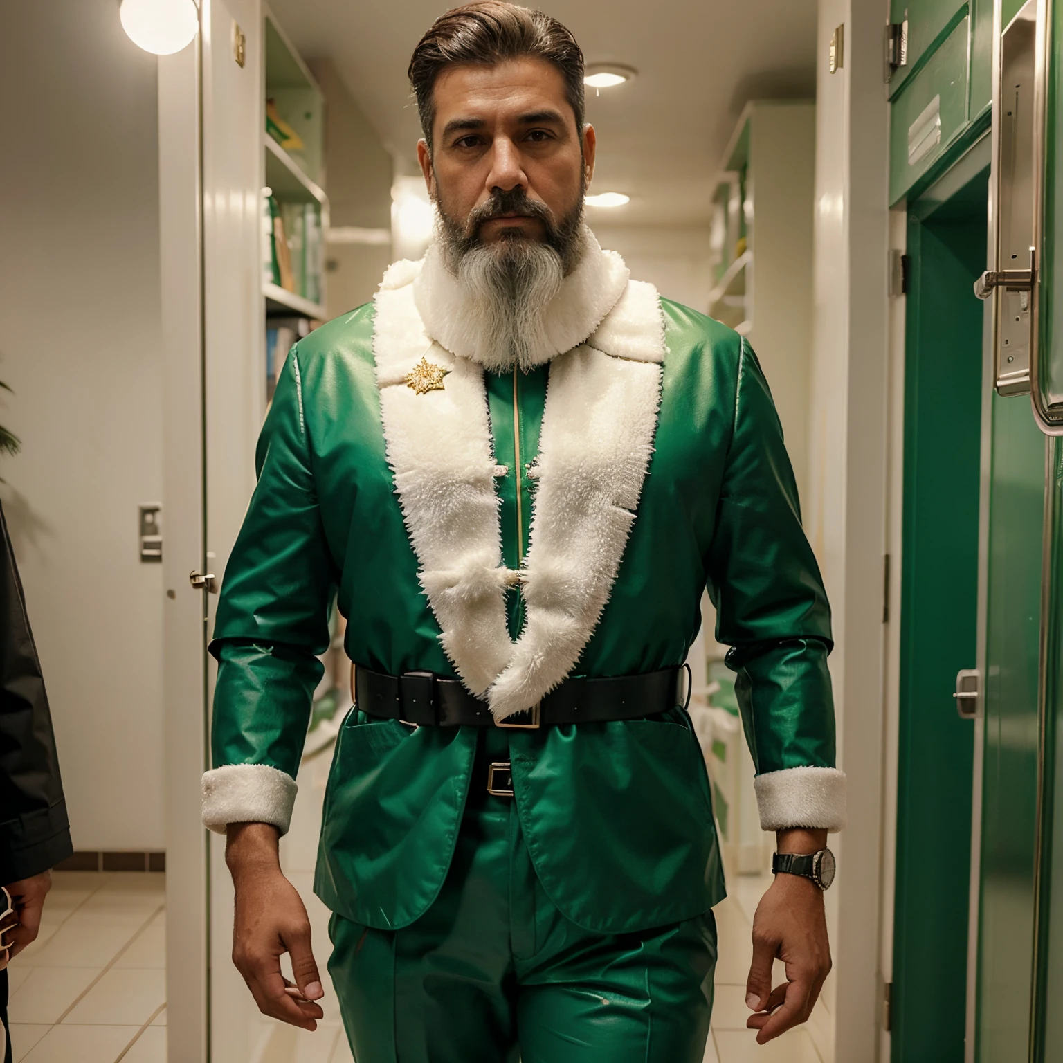 Quero uma imagem futurista de um papai noel com trajes verdes e amarela