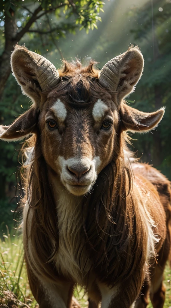 (best quality,highres:1.2),ultra-detailed,realistic,photorealistic:1.37,a realistic goat,gigantic and twisted horns,shaggy fur,deep and expressive eyes,breathing with intricate details,a majestic creature standing proudly in a sunlit field,with a captivating gaze,sharp focus,impressive fine texture,superb attention to every strand of fur,capturing the smallest details of every whisker and tuft of hair,the horns intertwining gracefully,magnificent and awe-inspiring,a masterpiece of nature's beauty,the realistic portrayal of the goat in its natural habitat,stunning color palette,with warm earth tones and vibrant greens,a play of light and shadow,illuminated by the golden rays of the sun,an ethereal atmosphere,studio lighting,giving depth and dimension to the image,creating an immersive and lifelike experience,the epitome of photorealistic artistry.
