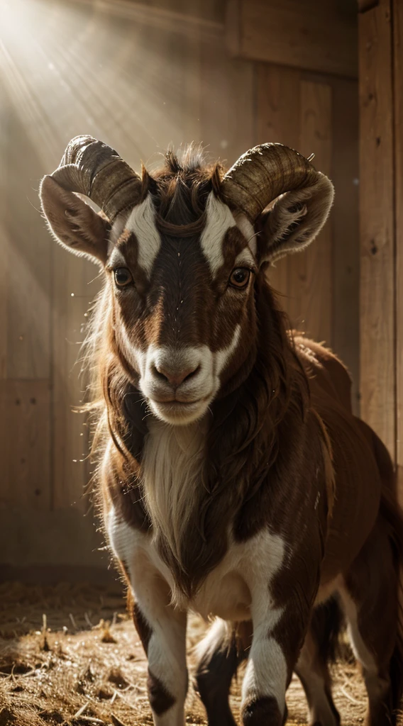 (best quality,highres:1.2),ultra-detailed,realistic,photorealistic:1.37,a realistic goat,gigantic and twisted horns,shaggy fur,deep and expressive eyes,breathing with intricate details,a majestic creature standing proudly in a sunlit field,with a captivating gaze,sharp focus,impressive fine texture,superb attention to every strand of fur,capturing the smallest details of every whisker and tuft of hair,the horns intertwining gracefully,magnificent and awe-inspiring,a masterpiece of nature's beauty,the realistic portrayal of the goat in its natural habitat,stunning color palette,with warm earth tones and vibrant greens,a play of light and shadow,illuminated by the golden rays of the sun,an ethereal atmosphere,studio lighting,giving depth and dimension to the image,creating an immersive and lifelike experience,the epitome of photorealistic artistry.