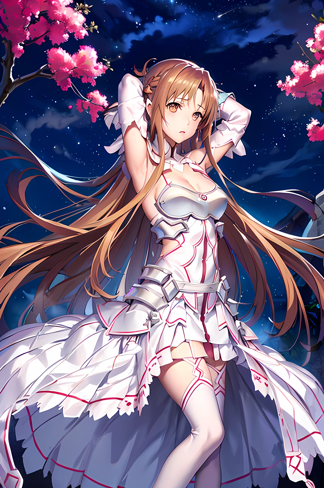 stacia, Asuna Yuuki, asuna, high res, ultrasharp, 8K, masterpiece, 1girl, solo, anime, highly detailed face, highly detailed background, perfect lighting, long hair, full body, looking at viewer, bangs, melancholy expression that stirs affection, brown eyes, beautiful background, night sky, starrown hair, thighhighs, gloves, dress, cleavage, bare shoulders, very long hair, white gloves, white dress, armor, white thighhighs, garter straps, white armor, arms behind back