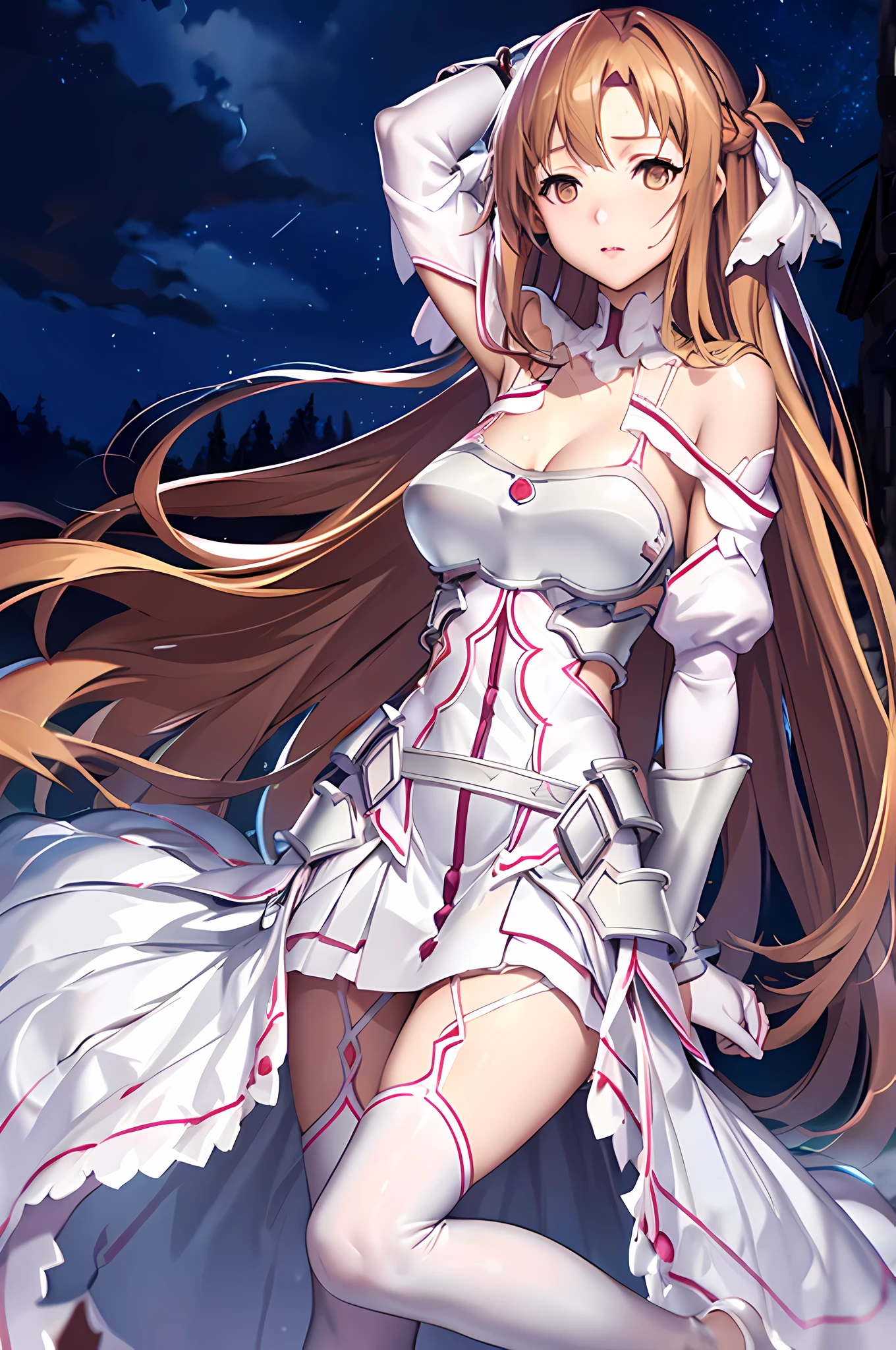 stacia, Asuna Yuuki, asuna, high res, ultrasharp, 8K, masterpiece, 1girl, solo, anime, highly detailed face, highly detailed background, perfect lighting, long hair, full body, looking at viewer, bangs, melancholy expression that stirs affection, brown eyes, beautiful background, night sky, starrown hair, thighhighs, gloves, dress, cleavage, bare shoulders, very long hair, white gloves, white dress, armor, white thighhighs, garter straps, white armor, arms behind back