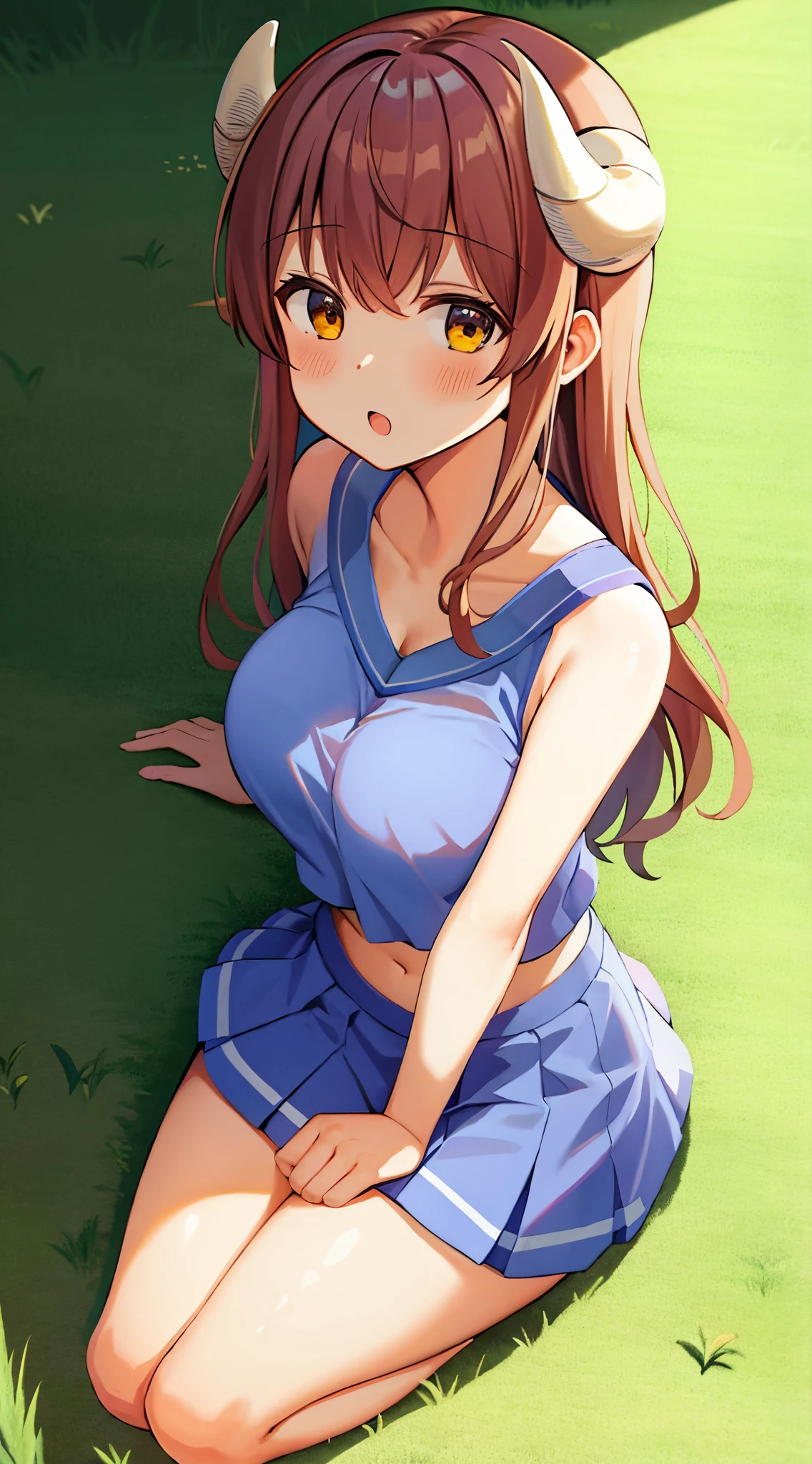 best quality, masterpiece, highly detailed, illustration, 1girl, solo, yoshida yuuko \(machikado mazoku\), horns, shamiko, grass, sitting, cheerleader, sleeveless, midriff, cleavage