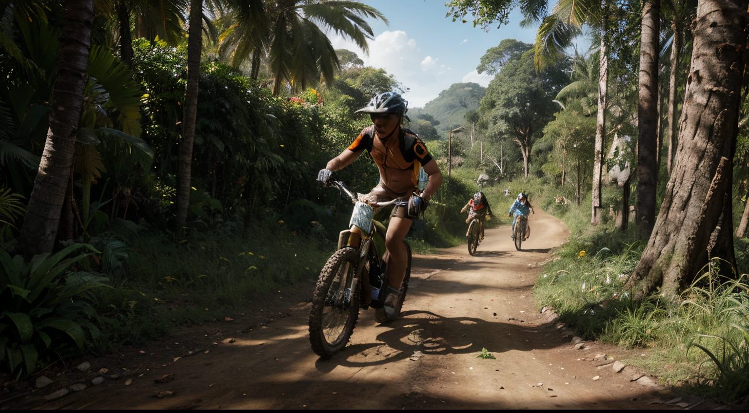 indian, Amazon rainforest, jaguar, downhill bike, indigenous culture, nature, biodiversity, fauna and flora Brasil, sport, adventure, Pixar style, cartoon, painting, illustration,