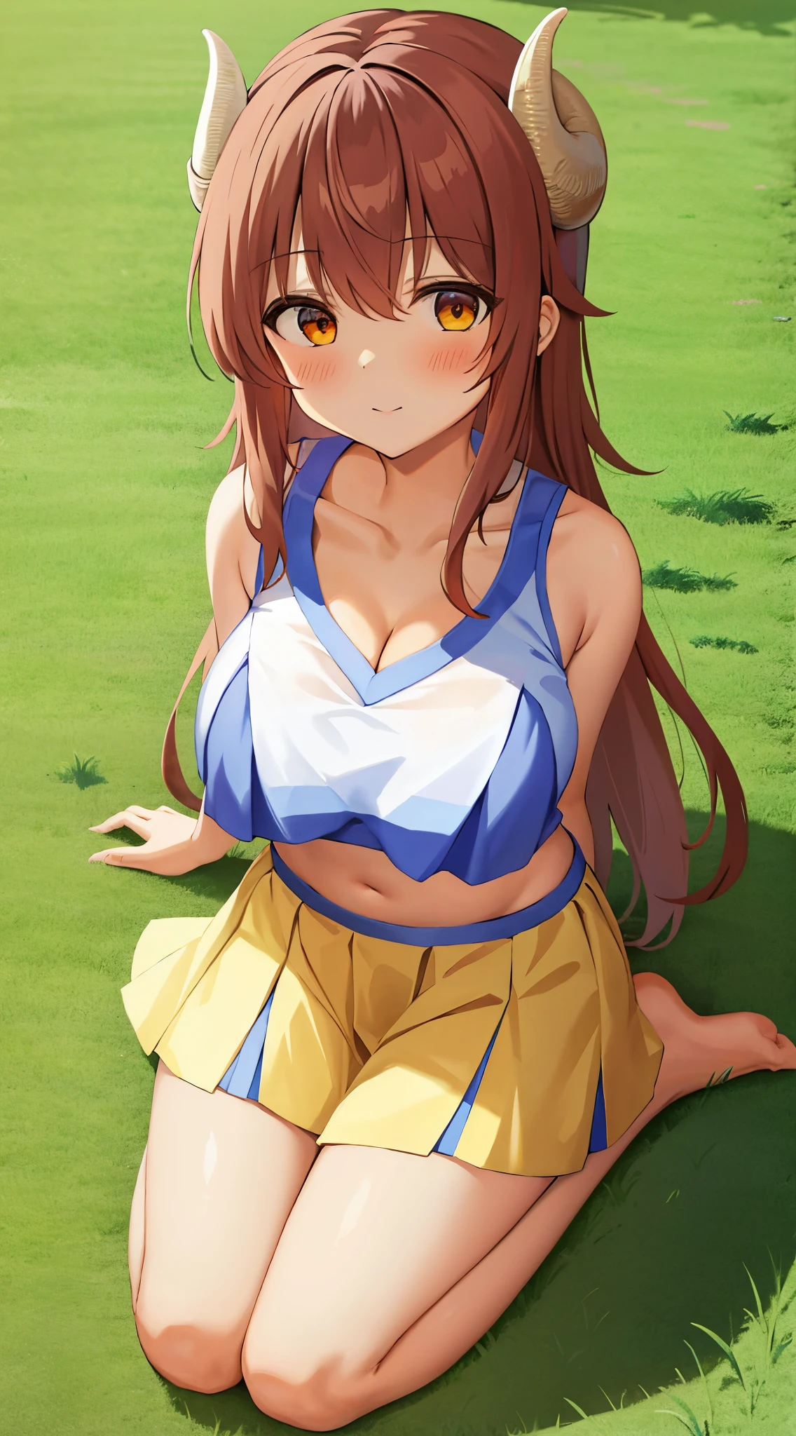 best quality, masterpiece, highly detailed, illustration, 1girl, solo, yoshida yuuko \(machikado mazoku\), horns, shamiko, grass, sitting, cheerleader, sleeveless, midriff, cleavage