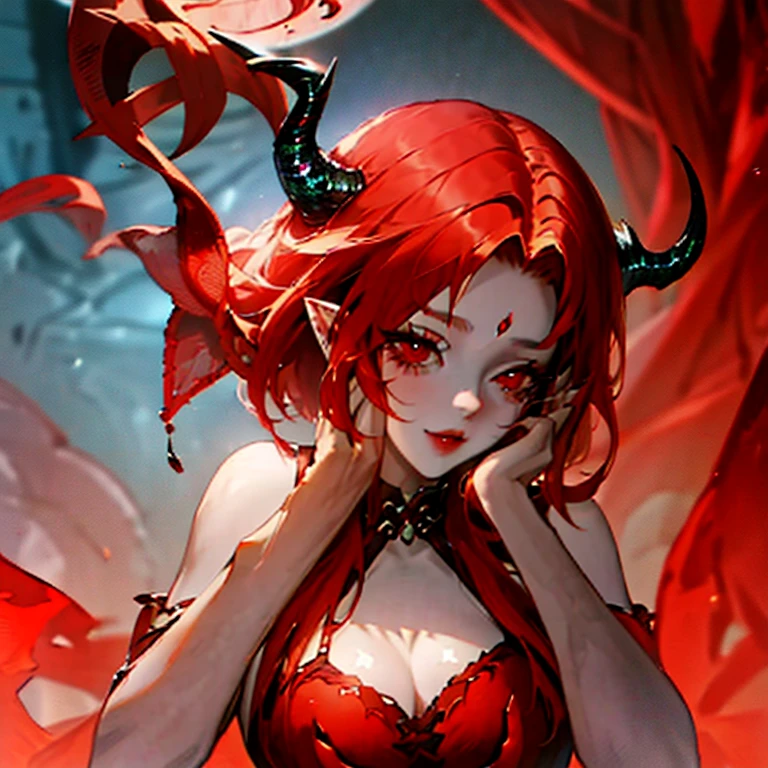 Redhead, short hair, red eyes, horns coming out of the forehead, abundant ass. Sensual lingerie, succubus, hell. Wifu, anime girl, 2d and big breasts.