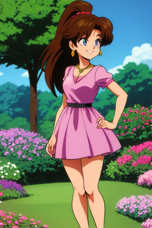 80's anime style, brown hair, ponytail, blue eyes, pink dress, golden necklace, smile, cowboy shot, standing, garden, gazebo, beautiful, best quality.