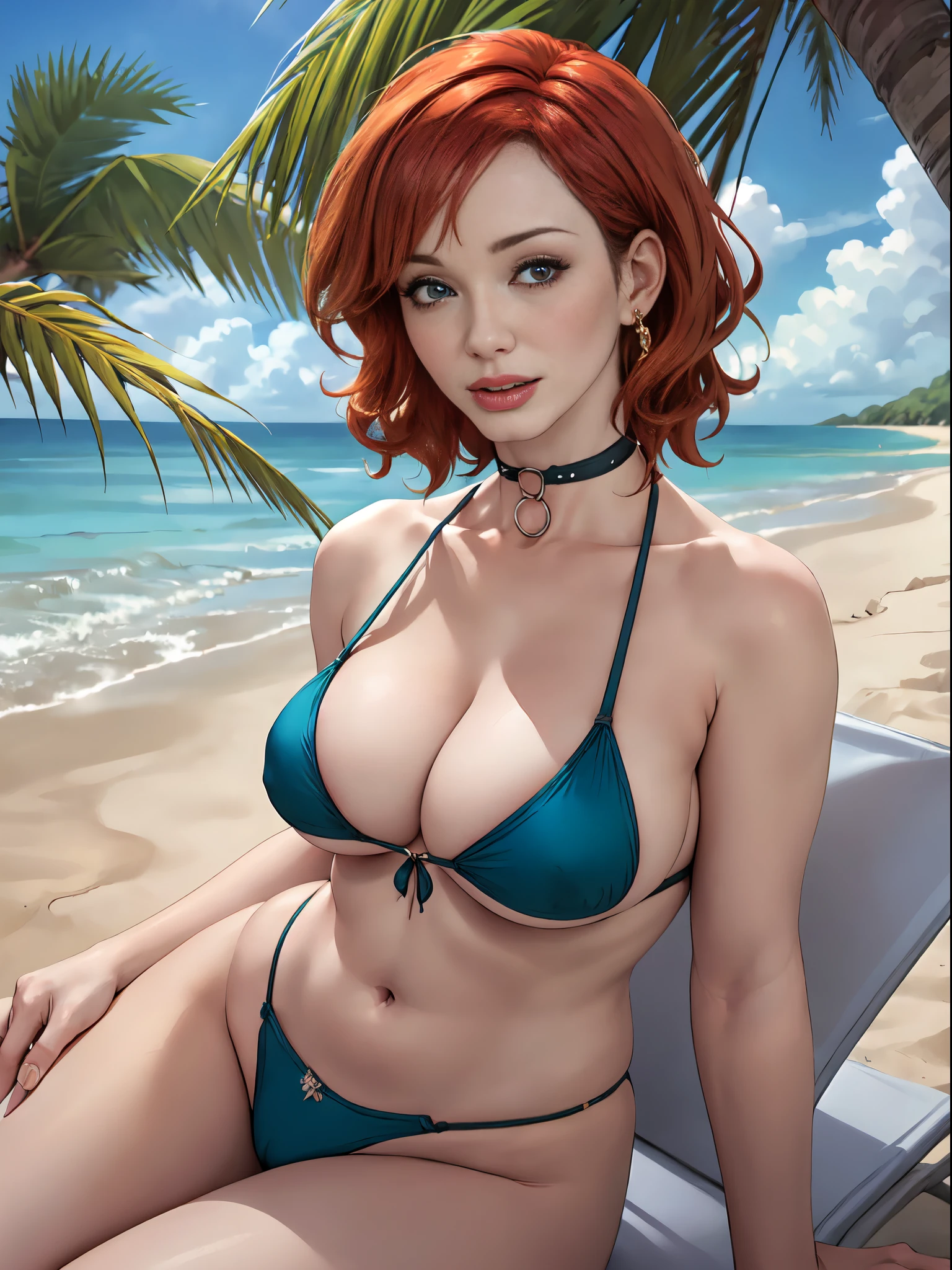 Christina Hendricks, masterpiece quality, (masterpiece quality:1.5), realistic, (realistic:1.5), on a tropical beach, wearing sexy bikini, wearing choker collar, lots of cleavage, small breasts, (small breasts:1.5), thin body,