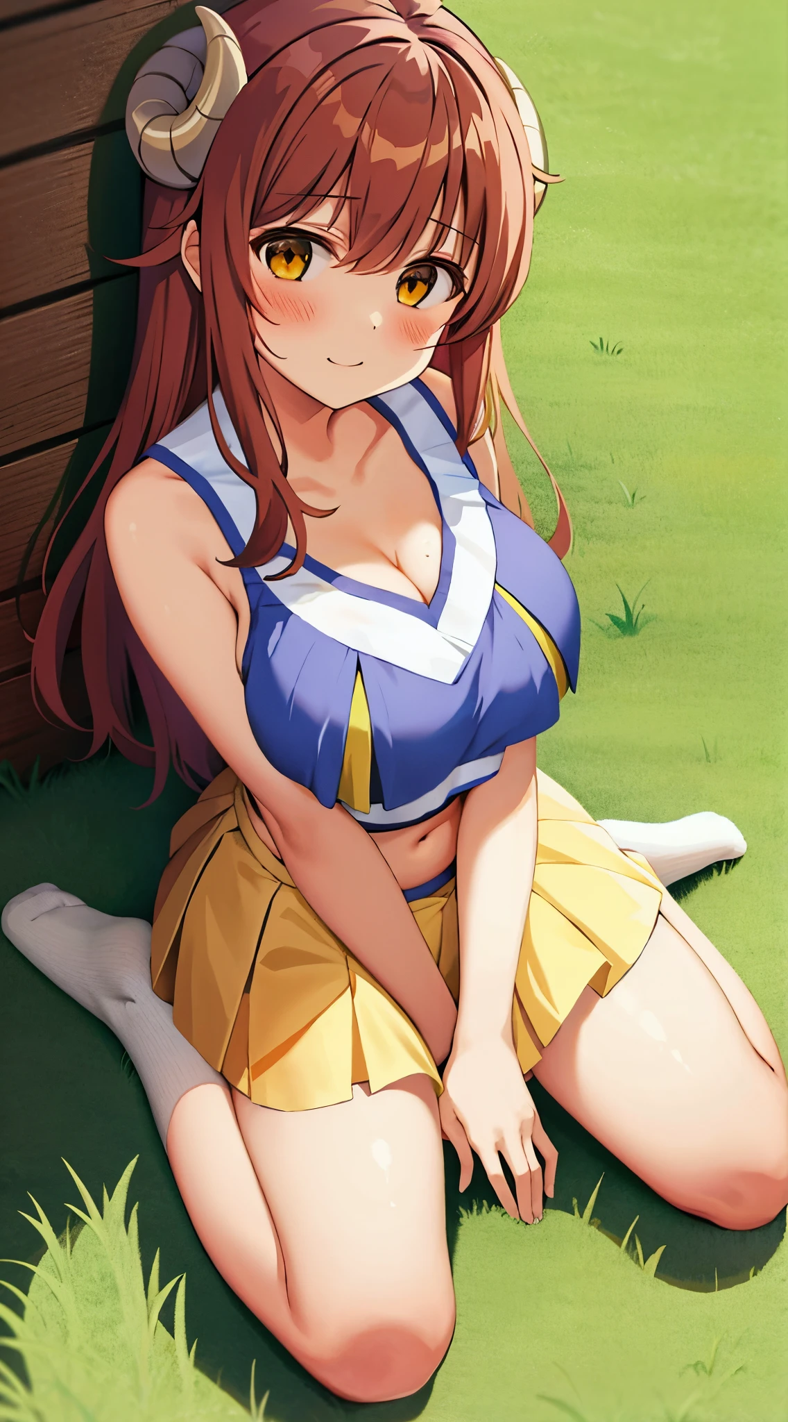 best quality, masterpiece, highly detailed, illustration, 1girl, solo, yoshida yuuko \(machikado mazoku\), horns, shamiko, grass, sitting, cheerleader, sleeveless, midriff, cleavage, legs up