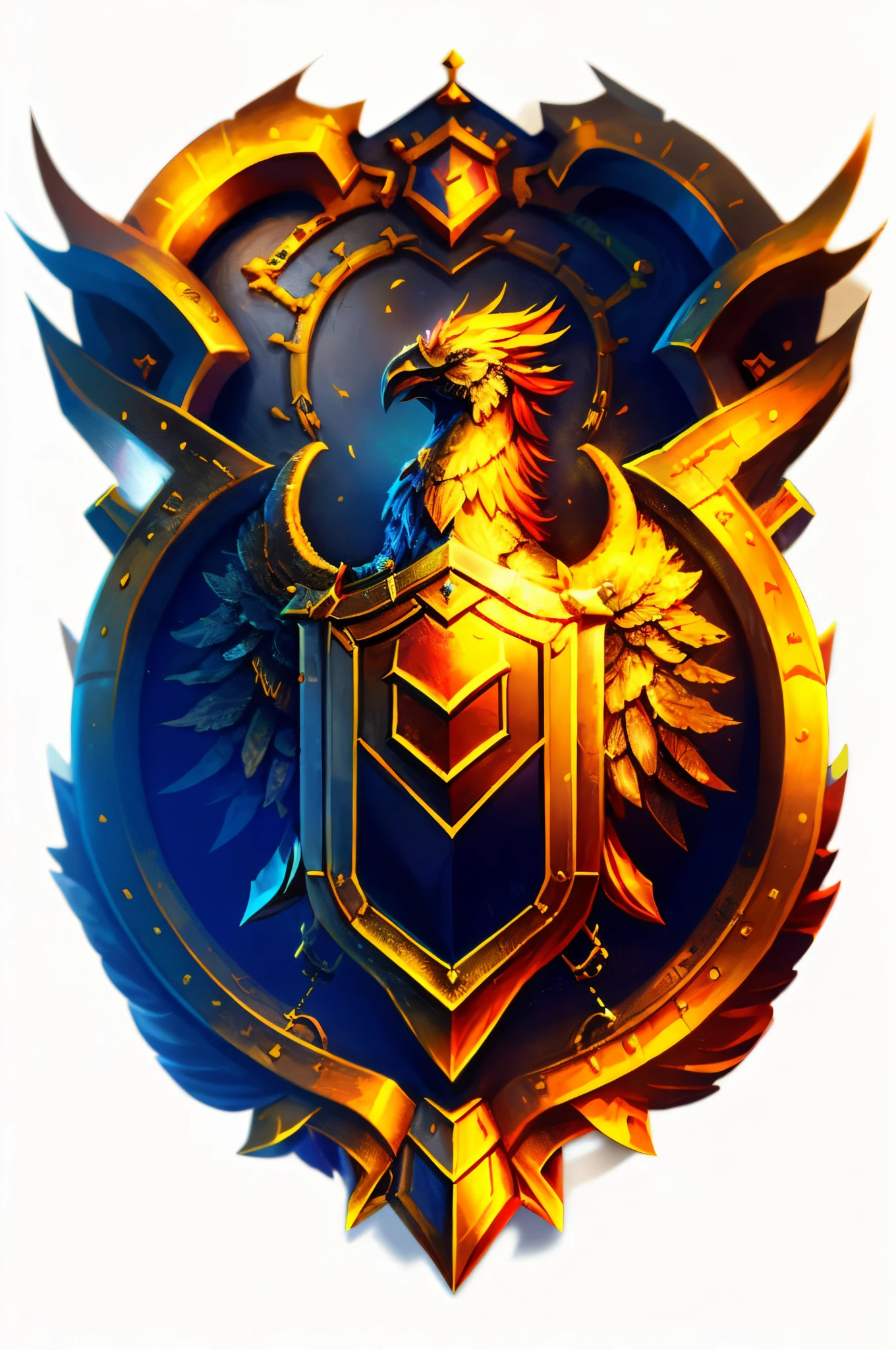 un gros plan d’un bouclier avec un oiseau dessus, Bouclier fantastique, Inspiré DrakenGuard, Emblème du bouclier, avec un emblème d’aigle, Conception du bouclier, Commission de guilde, Emblème de la sagesse, Dans le style Warcraft, Icône du jeu stylisée, paladin!, Icône 3D pour jeu mobile, Héros de la puissance et de la magie, Icône de jeu actif, Légion d’écluse, héraldique