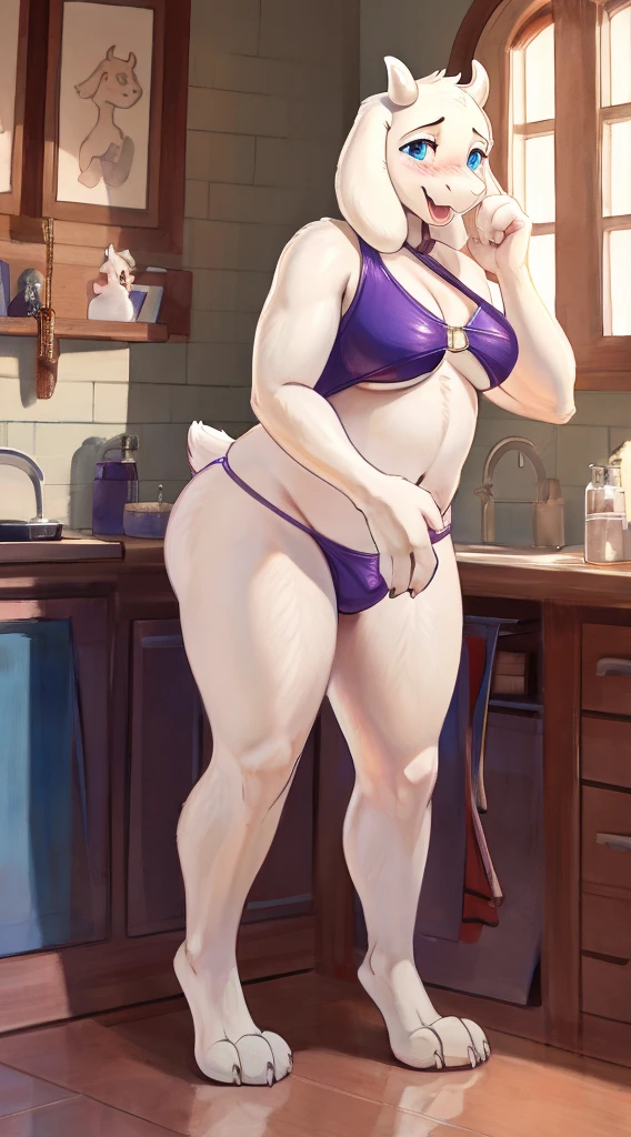 (best quality, masterpiece), slingshot bikini, transformation, mid transformation, human male, Toriel, blue eyes, furry, standing, blushing, looking excited, voluptuous, (goat), digitigrade, clothes, BREAK (by sqoon),