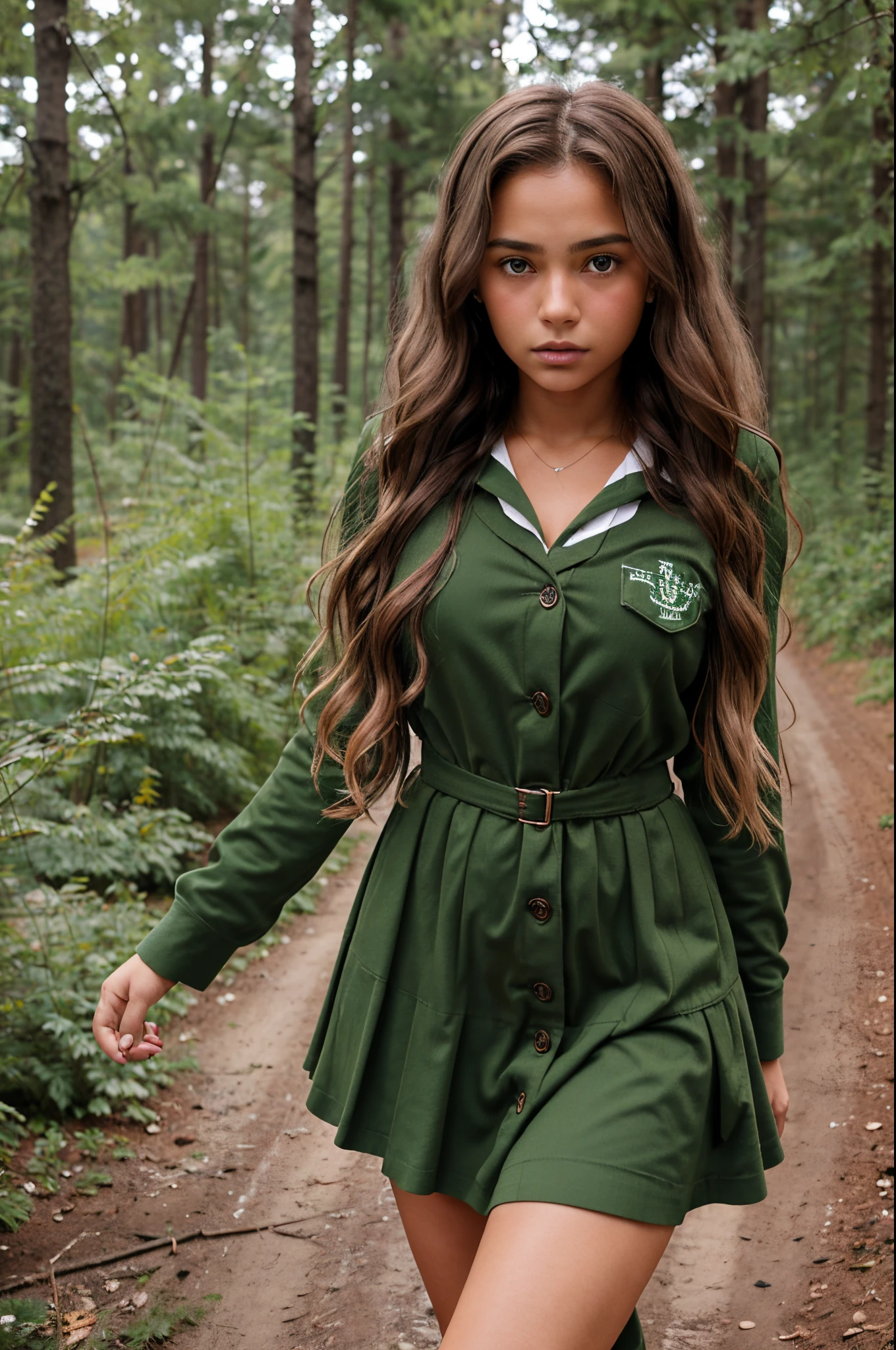 Woman, 16 years old, tanned skin, light brown, full and wavy hair. Amber eyes, aesthetically perfect body. Medium breasts. Her face looks like Sommer Ray's face. Irish schoolgirl uniform. Full body. She wears a shabby green and black checkered dress. She finds herself standing in a gloomy forest, with winter-dry trees and covered in fog. Scared face, as if she had seen something bad close to her.