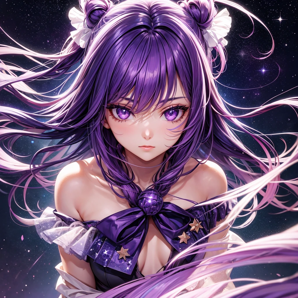 Purple girl on an alien planet between the North Star and the Big Dipper