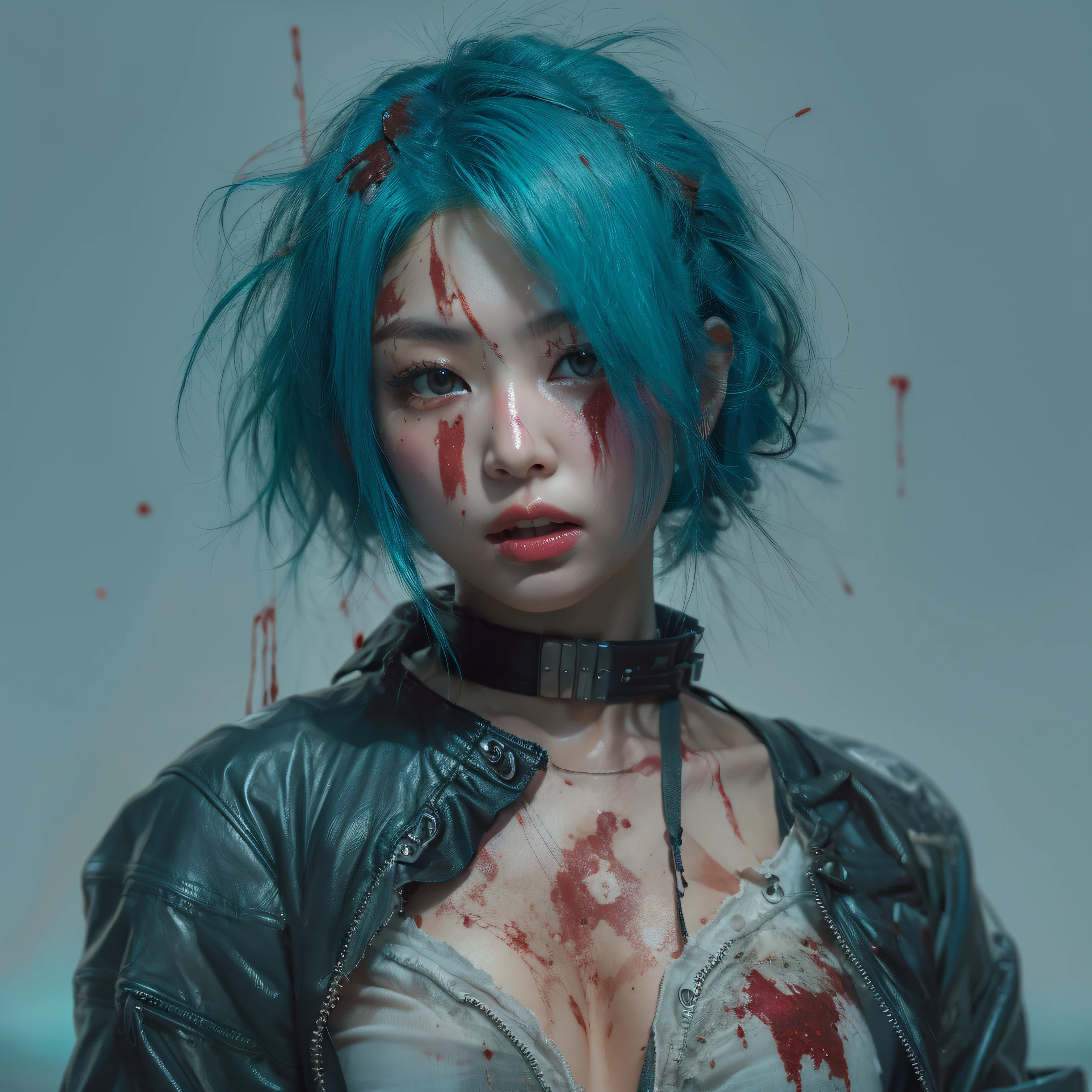 bright eyes, super detailed, black short hair, blood and wounds, stab wounds on body, dirty clothes, Jennie Kim, 30 yrs old girl, cyberpunk suit, blue hair,