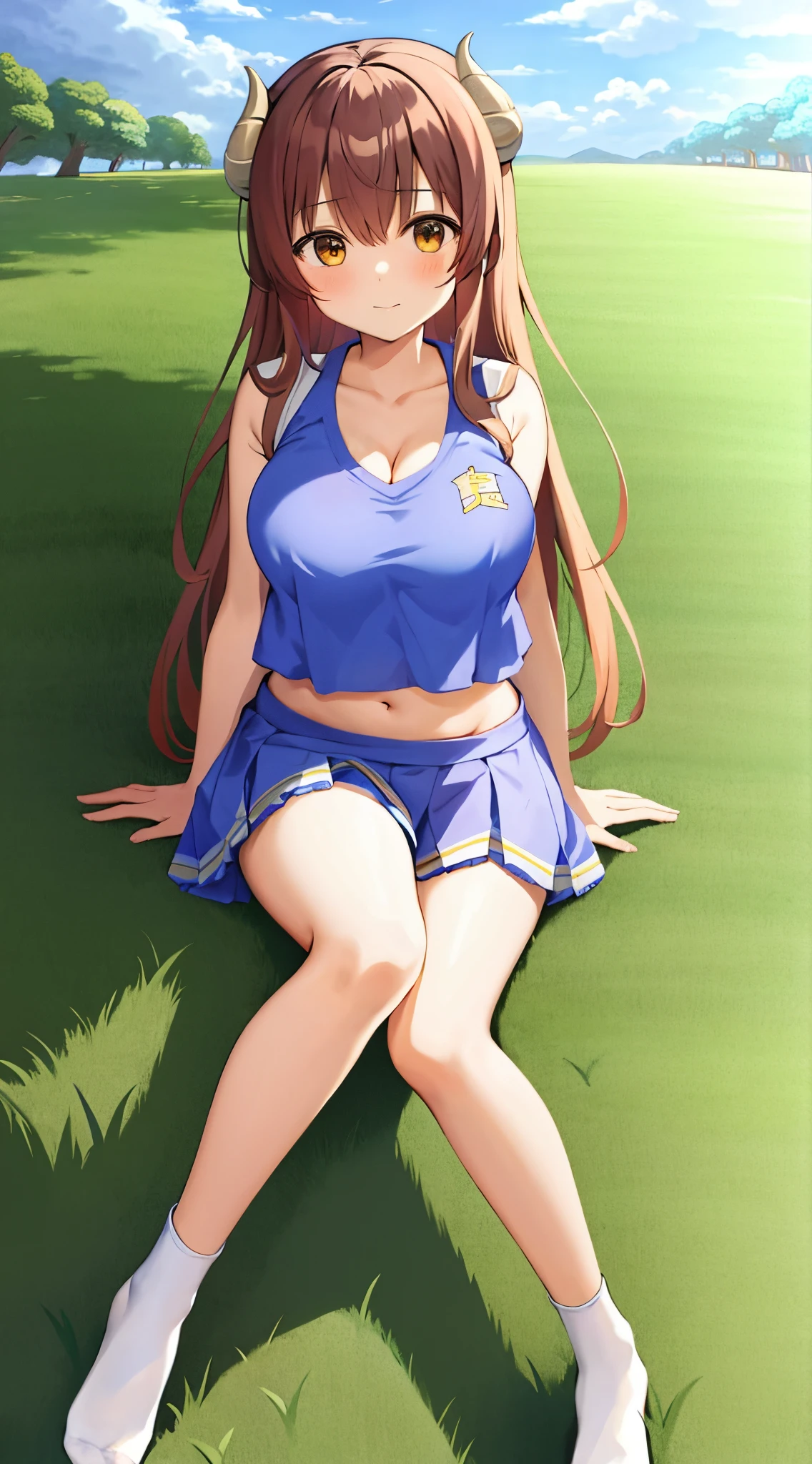 best quality, masterpiece, highly detailed, illustration, 1girl, solo, yoshida yuuko \(machikado mazoku\), horns, shamiko, grass, sitting, cheerleader, sleeveless, midriff, cleavage, legs up, facing viewer