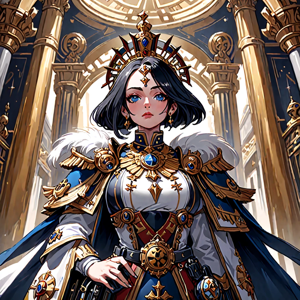 Warhammer 40k, A regal woman hailing from an Imperial world, adorned in luxurious attire befitting her noble status. She exudes an air of authority and sophistication, with subtle signs of affiliation to the Imperial Creed. Portrait. Slightly from below. Background: The opulent halls of an Imperial palace, adorned with symbols of the Imperium, and perhaps an Aquila prominently displayed to showcase her unwavering allegiance. best quality, masterpiece, ultra-detailed, 8k, depth of field, cinematic composition.