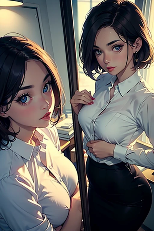 (because it includes specific human attributes, please include all the following attributes clearly: detailed eyes, detailed lips, extremely detailed eyes and face, long eyelashes) sexy office lady, POV, beautiful and sexy, office lady, office outfit, mirror, lustful eyes, turned on, self-reflection mirror, self-reflection, horny eyes, self-adoration, lust, detailed eyes, detailed lips, extremely detailed eyes and face, long eyelashes, seductive gaze. she want to touch herself, exploring own body sensually