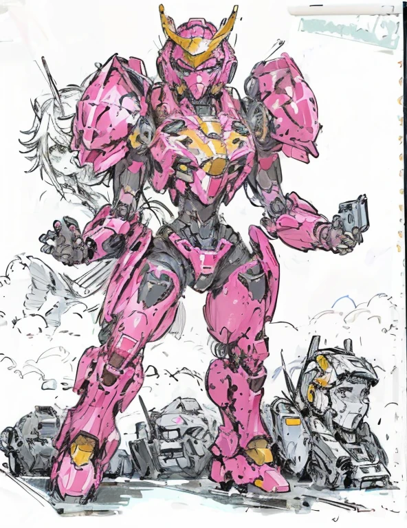 a drawing of a pink robot with a blue tail and a yellow helmet, streamlined pink armor, female mecha, girl in mecha cyber armor, shining pink armor, comic book style battlemech, high quality colored sketch, slick pink armor, greek god in mecha style, full color drawing, inspired by Hiromu Arakawa, mecha inspired, colored sketch