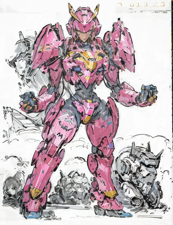 a drawing of a pink robot with a blue tail and a yellow helmet, streamlined pink armor, female mecha, girl in mecha cyber armor, shining pink armor, comic book style battlemech, high quality colored sketch, slick pink armor, greek god in mecha style, full color drawing, inspired by Hiromu Arakawa, mecha inspired, colored sketch