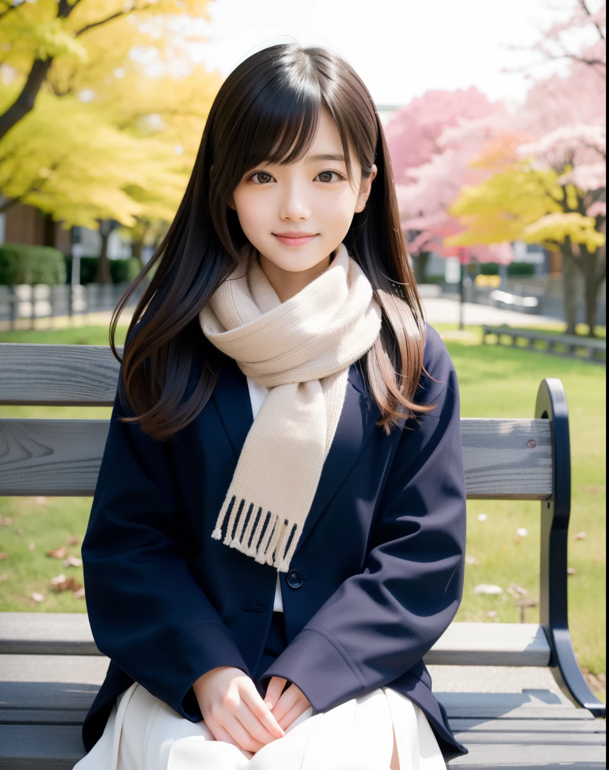 tre anatomically correct,Masterpiece of,High image quality,((Japan hair)),((Natural smile)),The ultra-detailliert、High quality textures、intricate detailes、detaileds、Very detailed CG、High quality shadows、Detail Beautiful delicate face、Detail Beautiful delicate eyes、depth of fields、Ray traching,1girl in, japanaese girl, Cute, slender,An arafi woman wearing a scarf and sitting on a park bench, a japanese girl, Japan Women Fashion Models, Beautiful young Japan woman, Gorgeous young Japan woman, beautiful japanese female, Japan Girl, real life anime girl, Beautiful Japan girl, Japanese Models, japanese girl school uniform, the face of a beautiful Japanese girl, Young Asian Girl