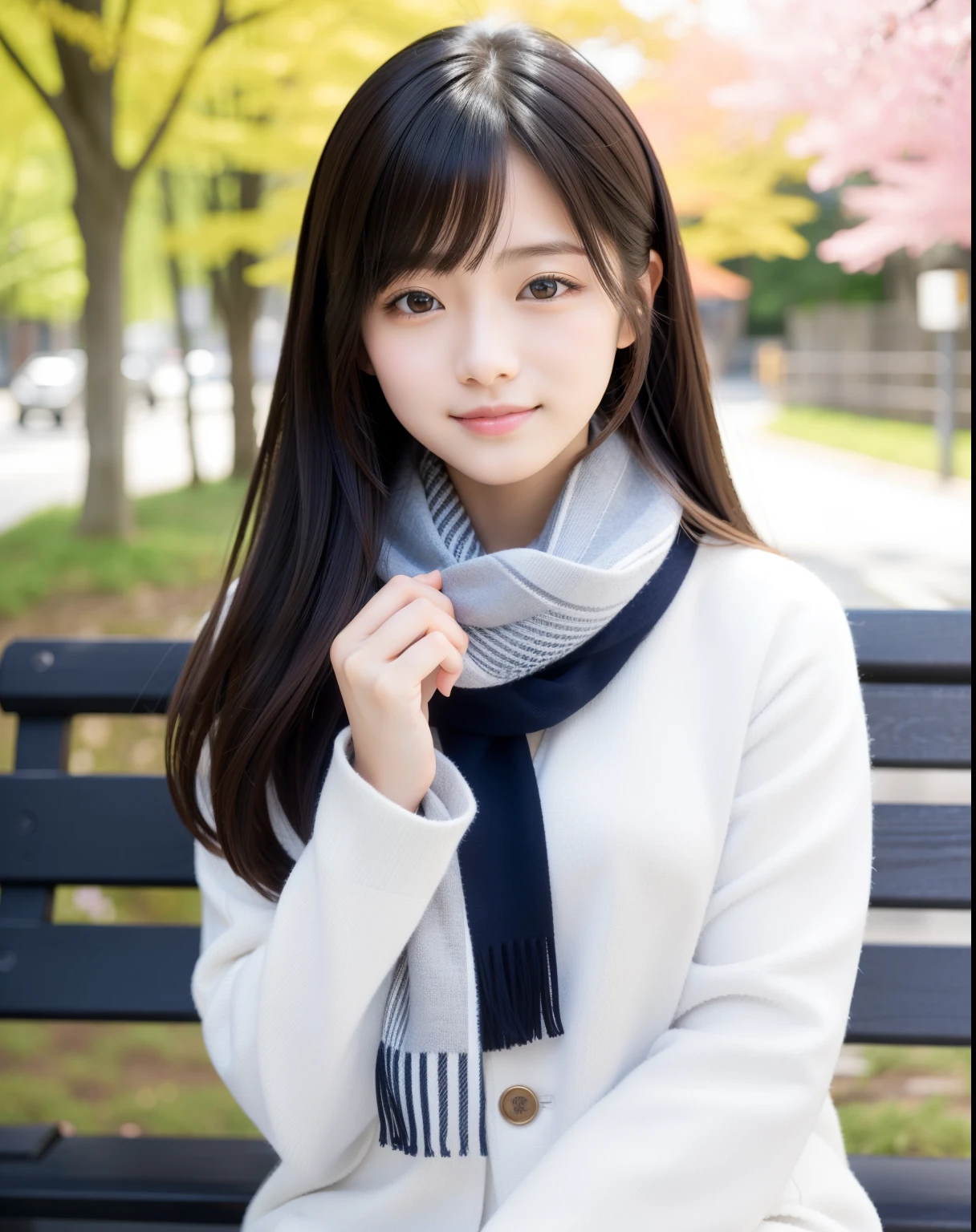 tre anatomically correct,Masterpiece of,High image quality,((Japan hair)),((Natural smile)),The ultra-detailliert、High quality textures、intricate detailes、detaileds、Very detailed CG、High quality shadows、Detail Beautiful delicate face、Detail Beautiful delicate eyes、depth of fields、Ray traching,1girl in, japanaese girl, Cute, slender,An arafi woman wearing a scarf and sitting on a park bench, a japanese girl, Japan Women Fashion Models, Beautiful young Japan woman, Gorgeous young Japan woman, beautiful japanese female, Japan Girl, real life anime girl, Beautiful Japan girl, Japanese Models, japanese girl school uniform, the face of a beautiful Japanese girl, Young Asian Girl