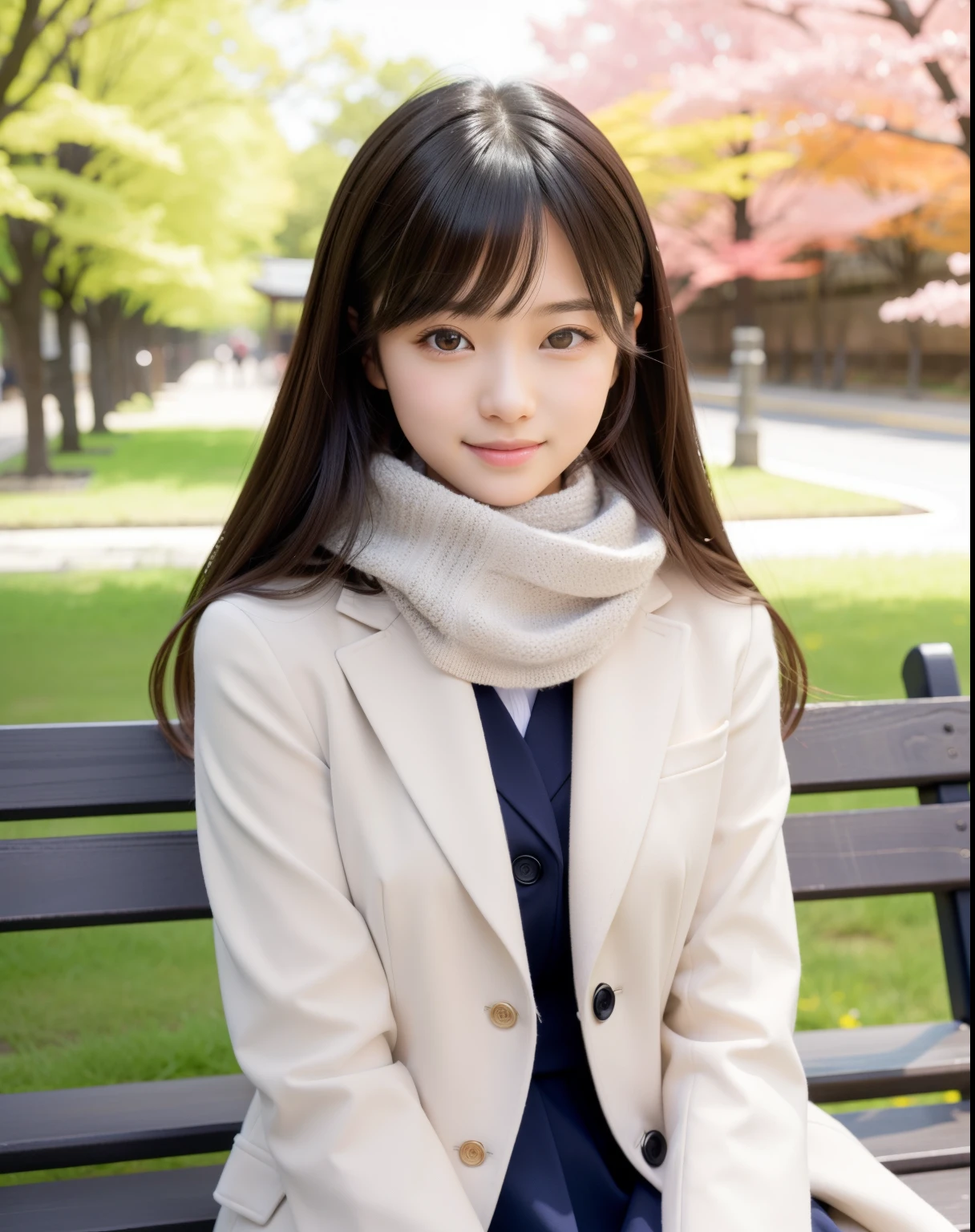 tre anatomically correct,Masterpiece of,High image quality,((Japan hair)),((Natural smile)),The ultra-detailliert、High quality textures、intricate detailes、detaileds、Very detailed CG、High quality shadows、Detail Beautiful delicate face、Detail Beautiful delicate eyes、depth of fields、Ray traching,1girl in, japanaese girl, Cute, slender,An arafi woman wearing a scarf and sitting on a park bench, a japanese girl, Japan Women Fashion Models, Beautiful young Japan woman, Gorgeous young Japan woman, beautiful japanese female, Japan Girl, real life anime girl, Beautiful Japan girl, Japanese Models, japanese girl school uniform, the face of a beautiful Japanese girl, Young Asian Girl