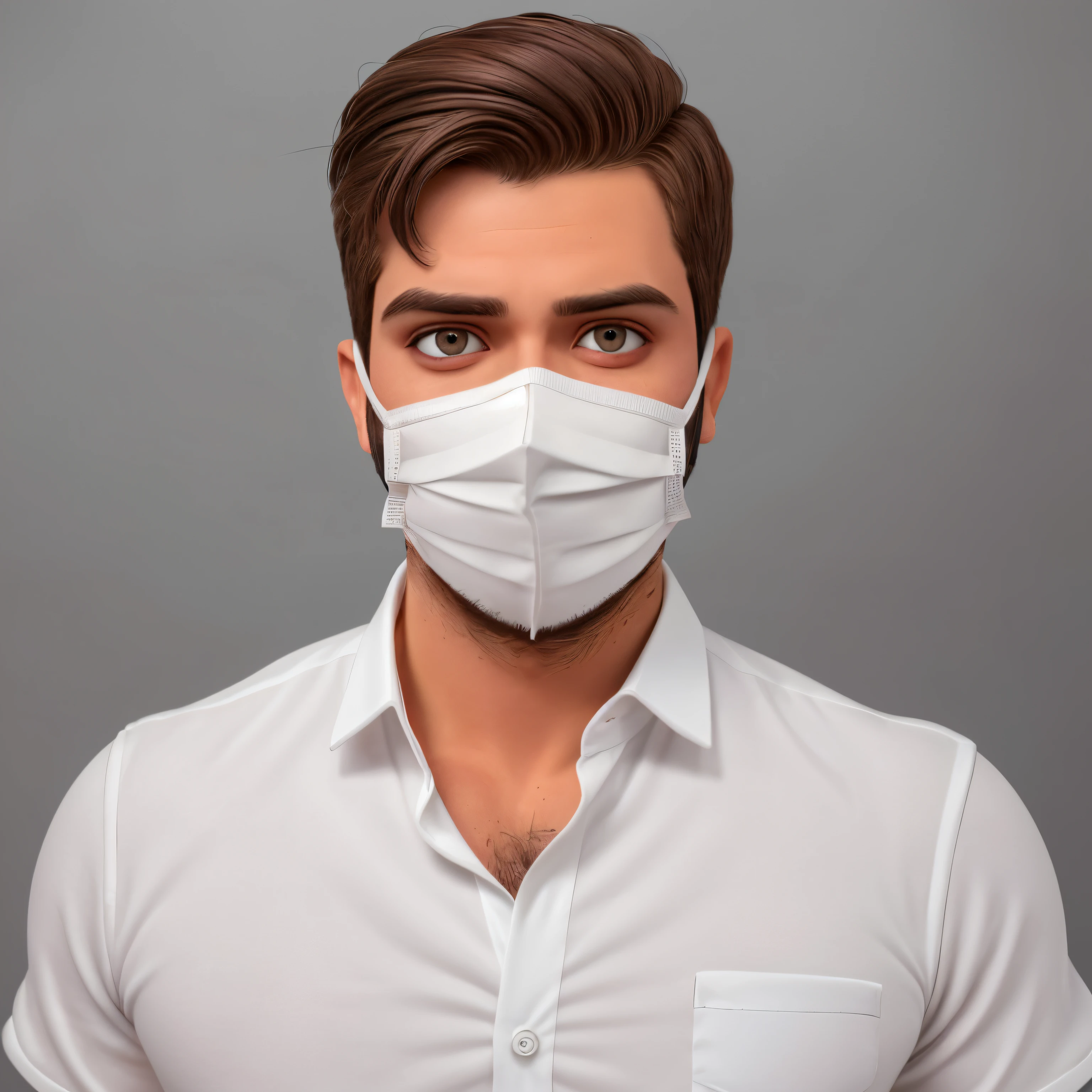 Estiloso homem Branco com olhos castanhos, magro, camisa cinza com gravata preta, expression serious, cabelo preto, fundo de parede cinza, half face mask