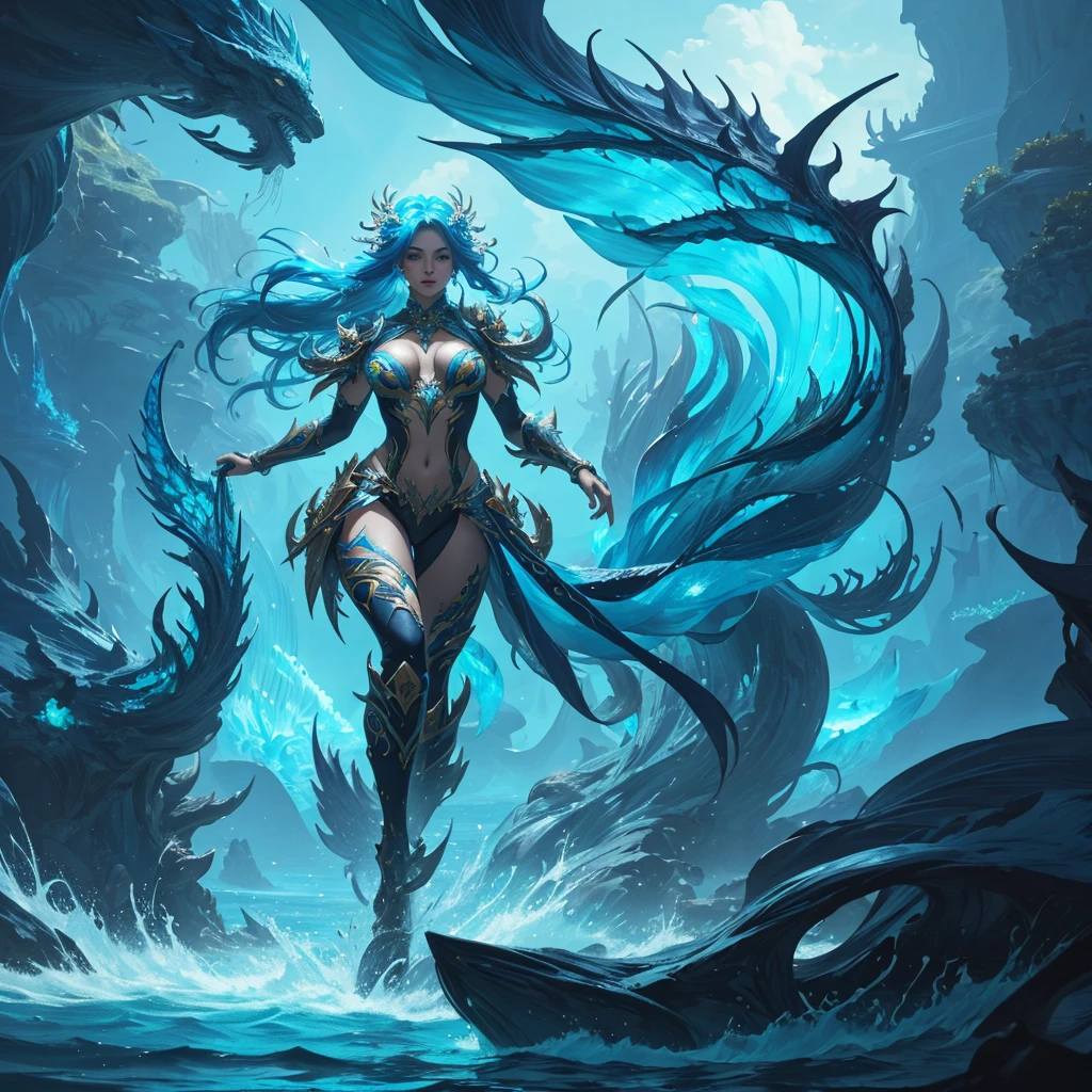 ocean lord, full body shot, beautiful woman, floating glowing dyed hair, Intricately Detailed, a masterpiece, 8k resolution, fantasy concept art, dynamic lighting, hyperdetailed, Splash screen art, trending on Artstation, deep color, Unreal Engine