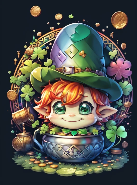 (cute leprechaun smiling with rainbow and cauldron full with clovers and coins), Munchkin ,Geometric multidimensional wall portrait, livro de arte, Tchibi,
Yang08k, Beautiful, Colouring,
Obras, of the highest quality, best quality, Arte Oficial, Beautiful and Aesthetic,