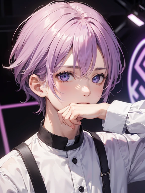 Boy with lilac medium hair, olhos cinzas, com fundo de uma igreja