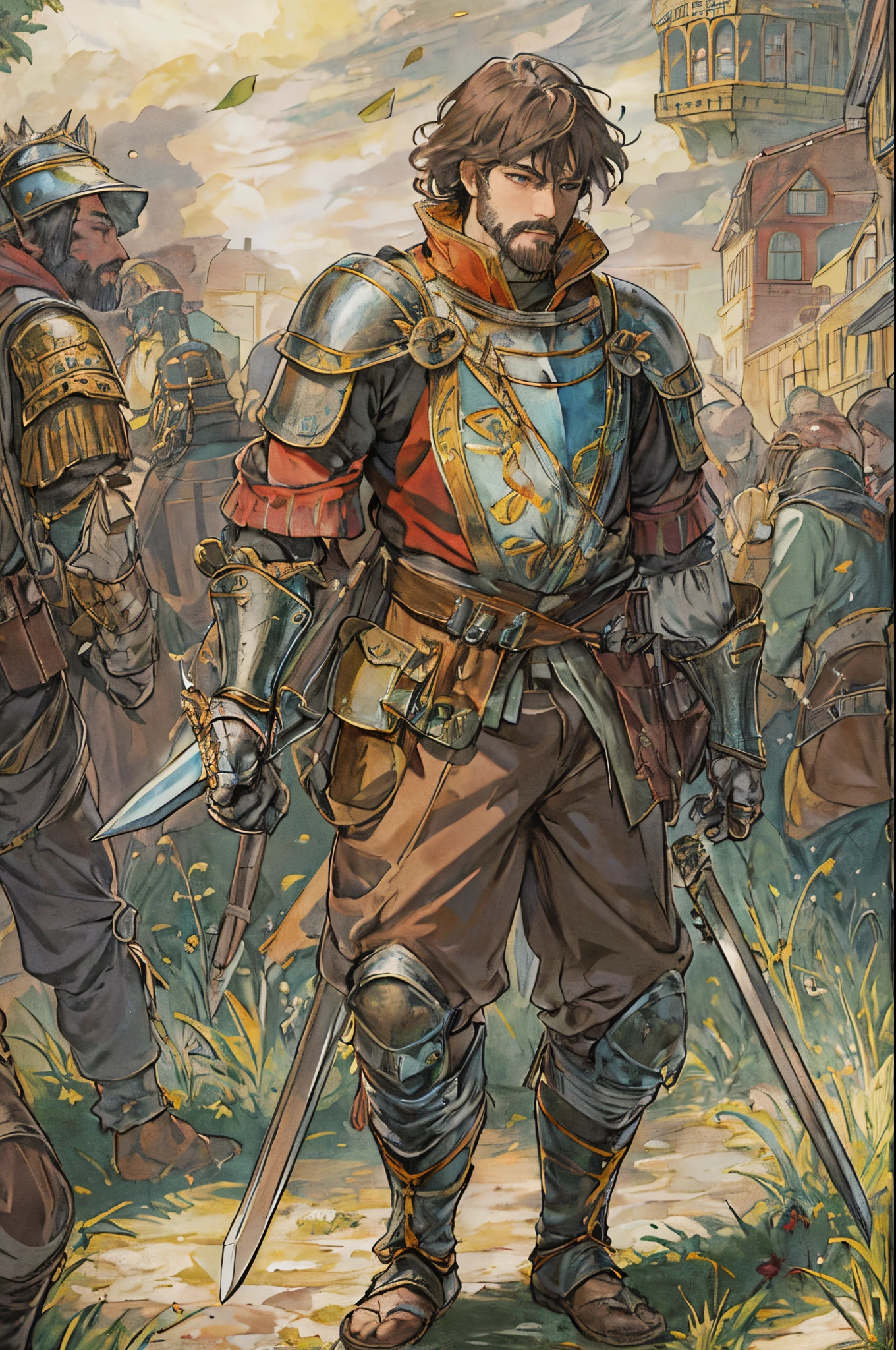 A highly detailed, colored illustration in a seinen manga style, depicting a Renaissance-era mercenary. The mercenary has a lean, muscular build, with short hair and a neatly trimmed beard, typical for the period. He wears a practical outfit consisting of wool or linen clothing, colored to reflect his region or company. Over this, he has a metal breastplate for torso protection, and possibly metal greaves and vambraces for his arms and legs. His helmet, likely a morion or burgonet, offers protection while allowing visibility. He's armed with a Renaissance-style sword, such as an arming sword or rapier. If he uses firearms, a bandolier with gunpowder and shot visible. The mercenary carries a knapsack for personal items, a flask for water, and basic camping gear. The seinen manga style emphasizes high detail, accurate body proportions, and expressive eyes and face, capturing the essence of a Renaissance mercenary in a vivid and dynamic way.