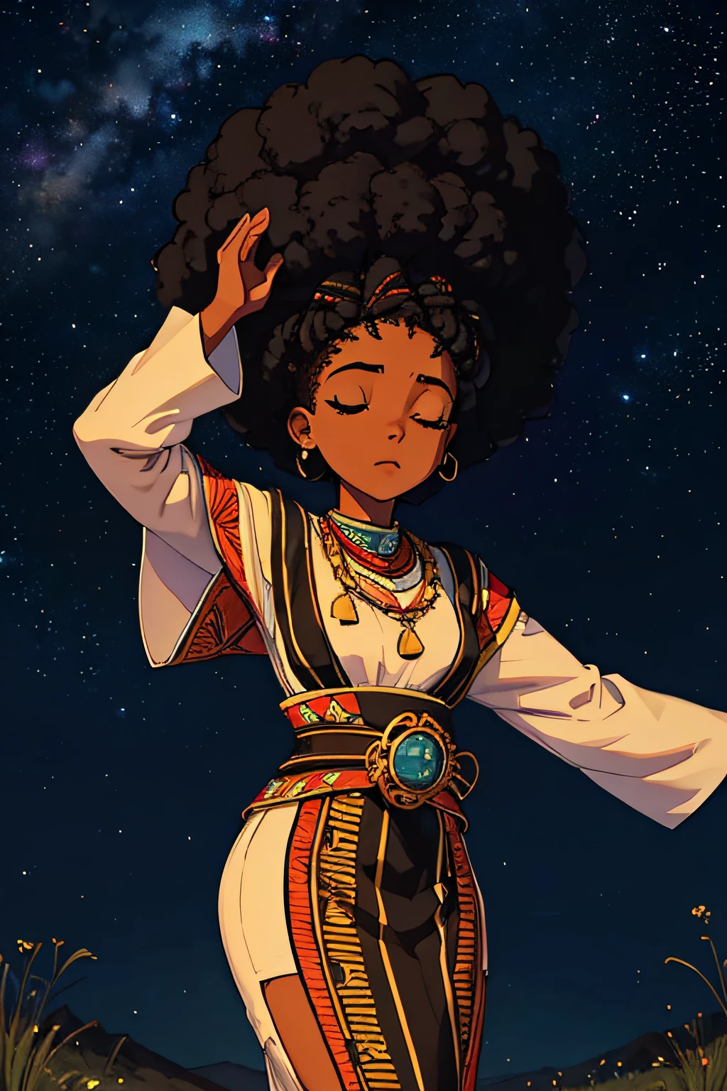 Black Girl ,African girl,afro hair,eyes closed,meditation,African traditional zulu dress,standing with outstretched arms,night time,evening,stars sky,beautiful night aesthestic relaxed,bliss freedom,outdoor landcsacape,aesthetic,otdoor ,nighttime,star sky