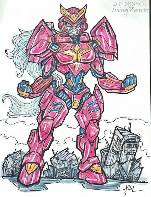 a drawing of a pink robot with a blue tail and a yellow helmet, streamlined pink armor, male mecha, male in mecha cyber armor, shining pink armor, comic book style battlemech, high quality colored sketch, slick pink armor, greek god in mecha style, full color drawing, mecha inspired, inspired by Hiromu Arakawa